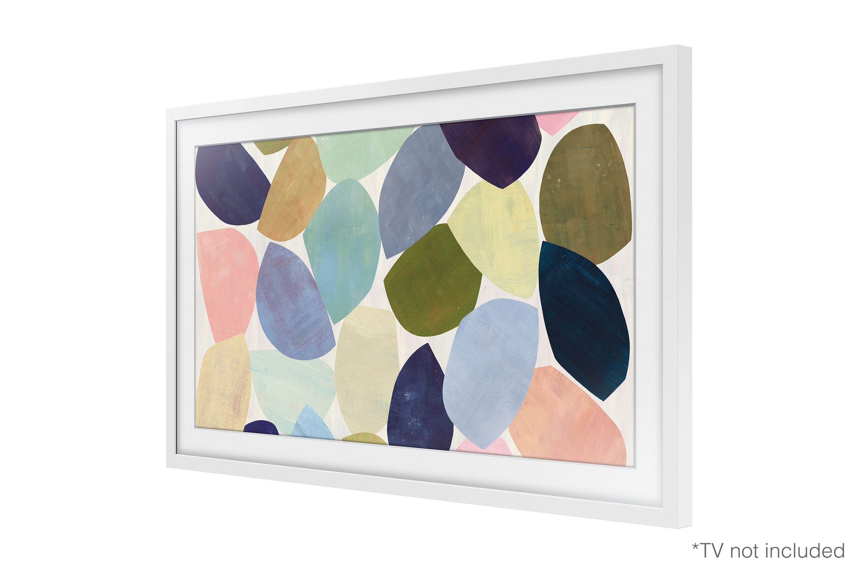 Abstracte kunst in een witte lijst. Verschillende gekleurde ovalen op een lichte achtergrond.
