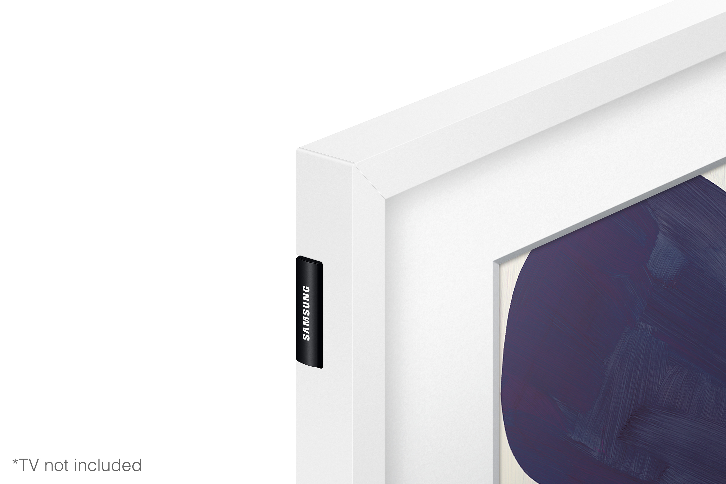 Close-up van een wit ingelijste afbeelding met een zwart Samsung-logo.