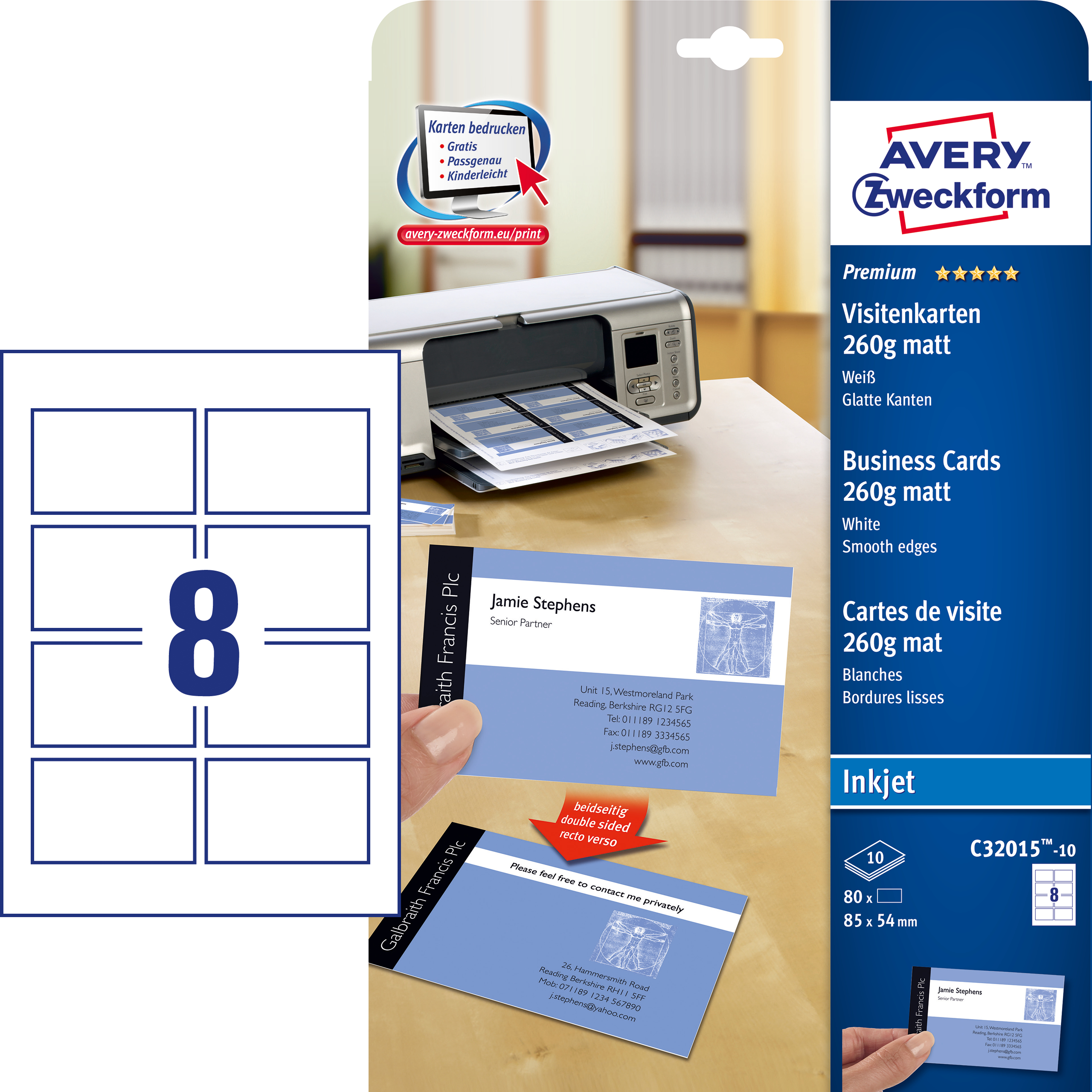 Visitenkarten und Drucker, weißer Hintergrund, mit Visitenkartenblatt und Text.