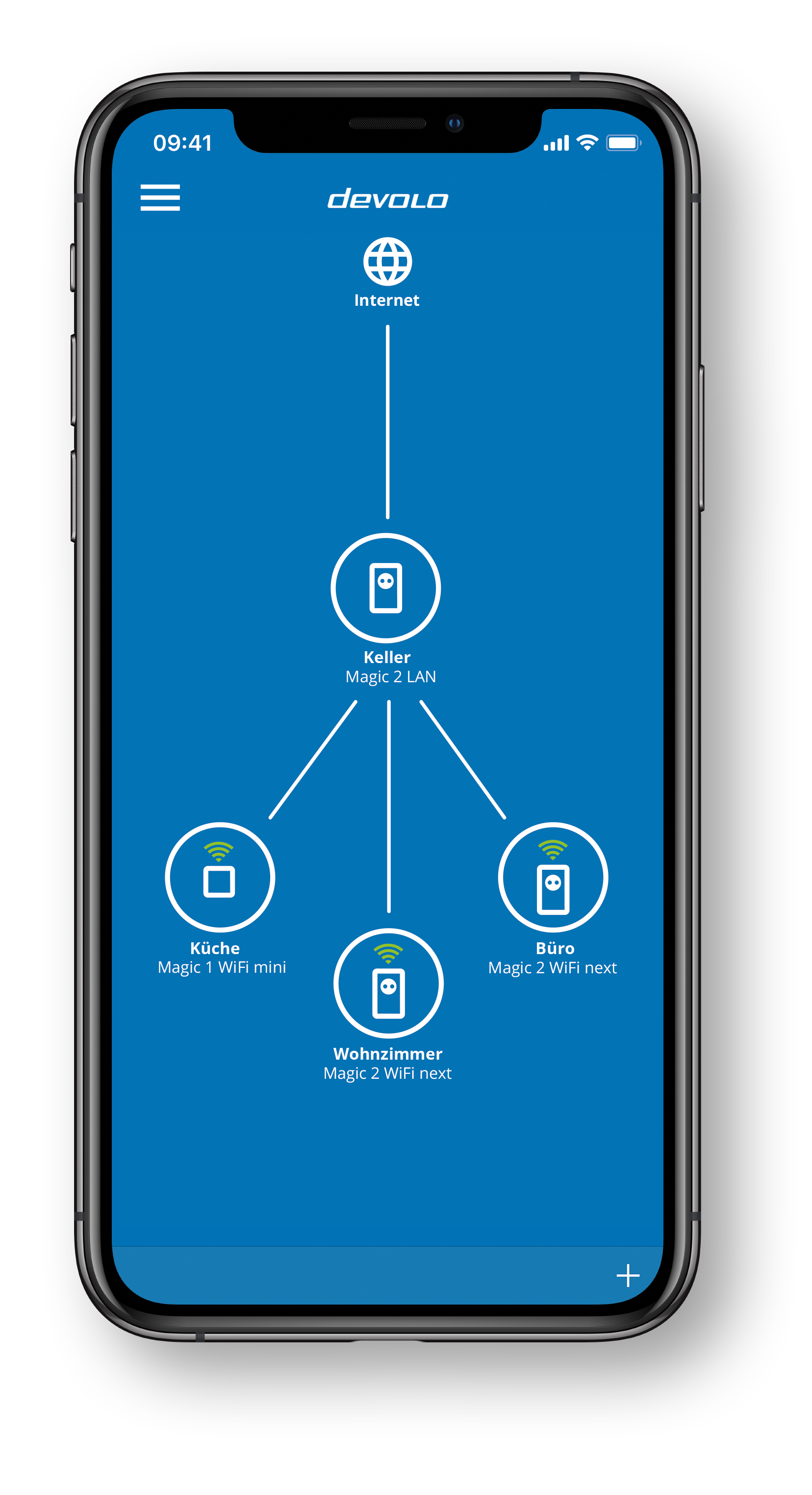 Smartfon wyświetlający schemat sieci. Niebieskie tło. Białe tło. Czarny telefon. Logo devolo.