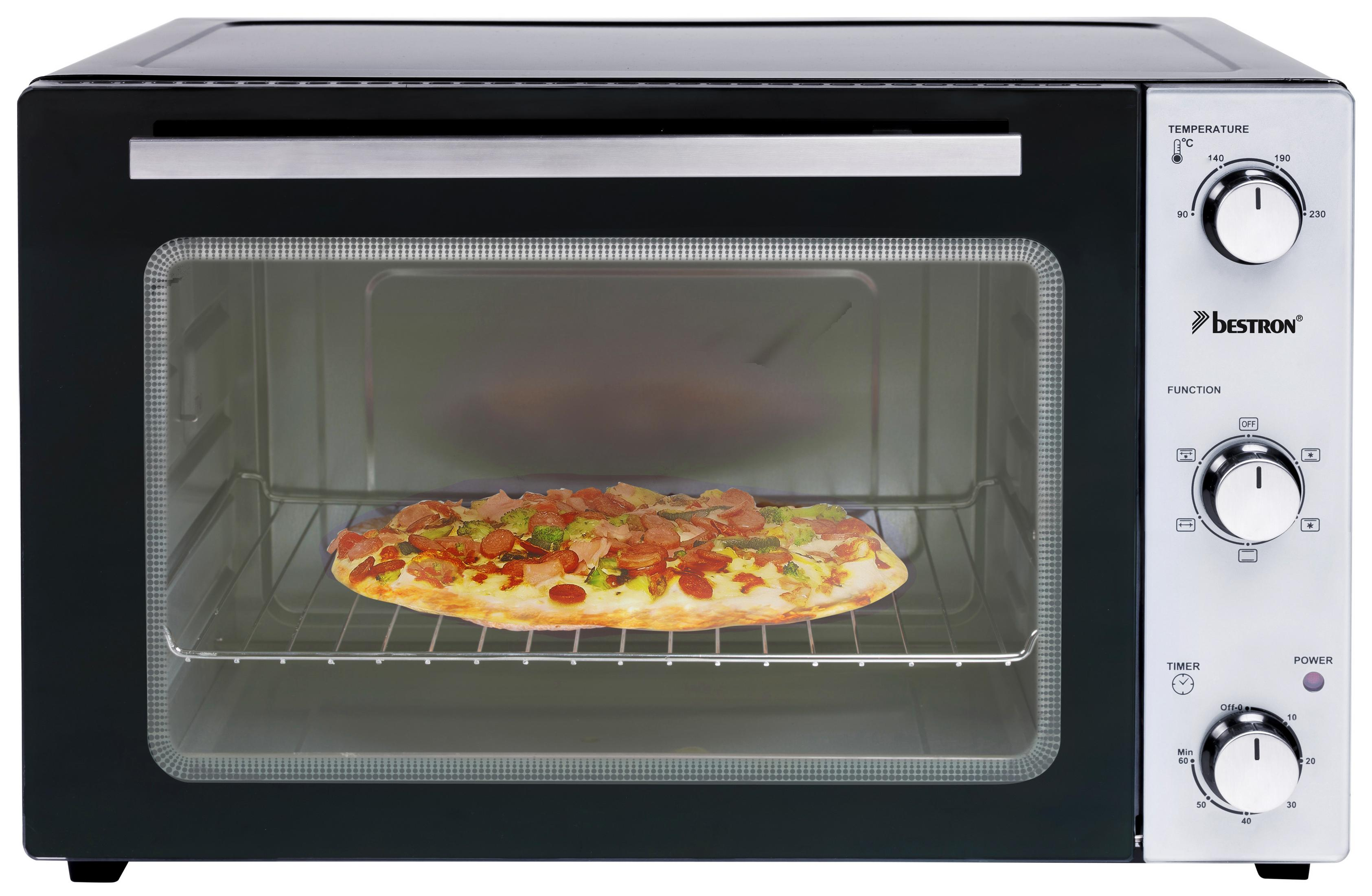 Un horno negro con una pizza dentro, con un panel de control en el lado derecho.