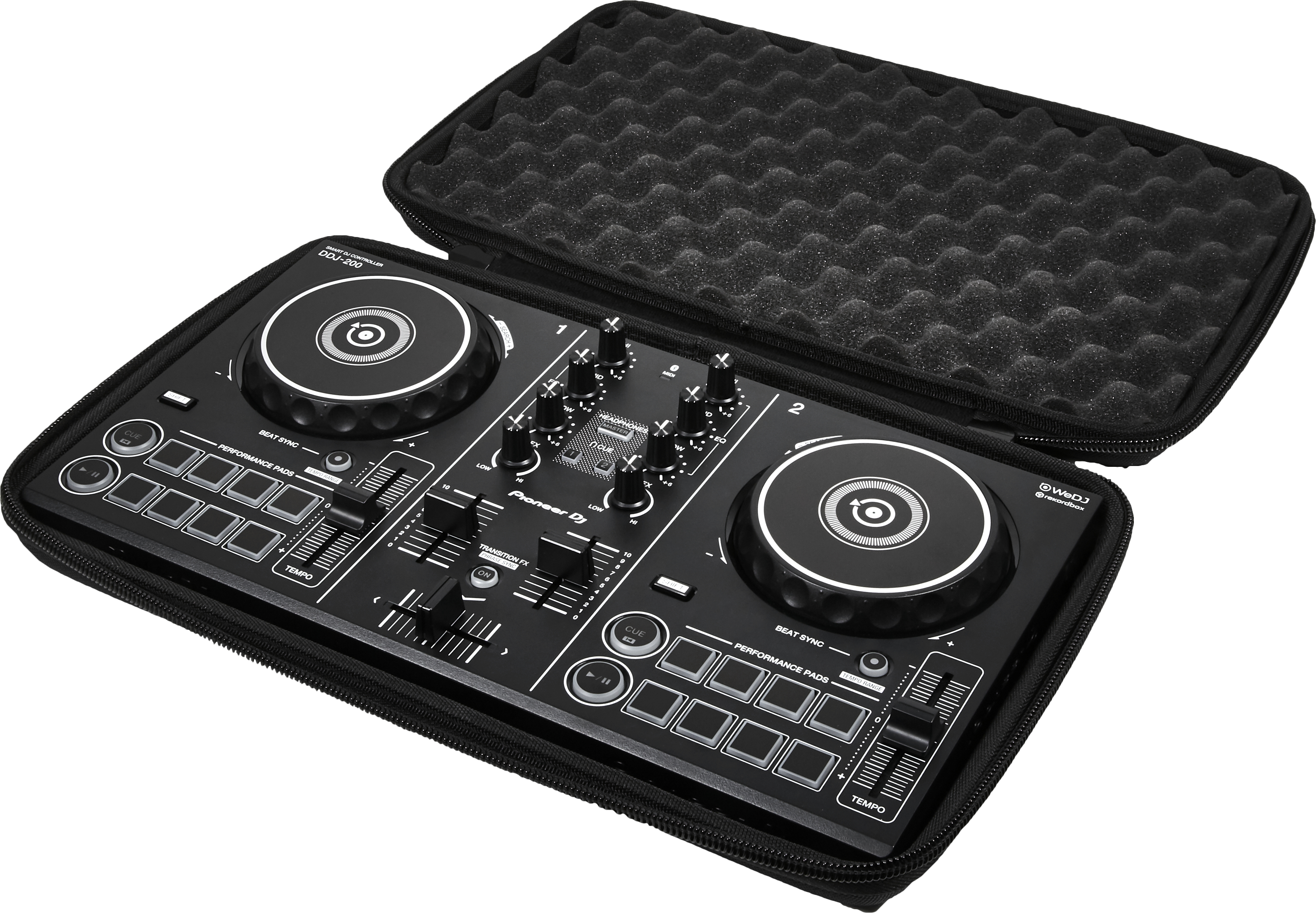 Controller DJ all'interno di una custodia nera. Manopole, pulsanti e due jog wheel.