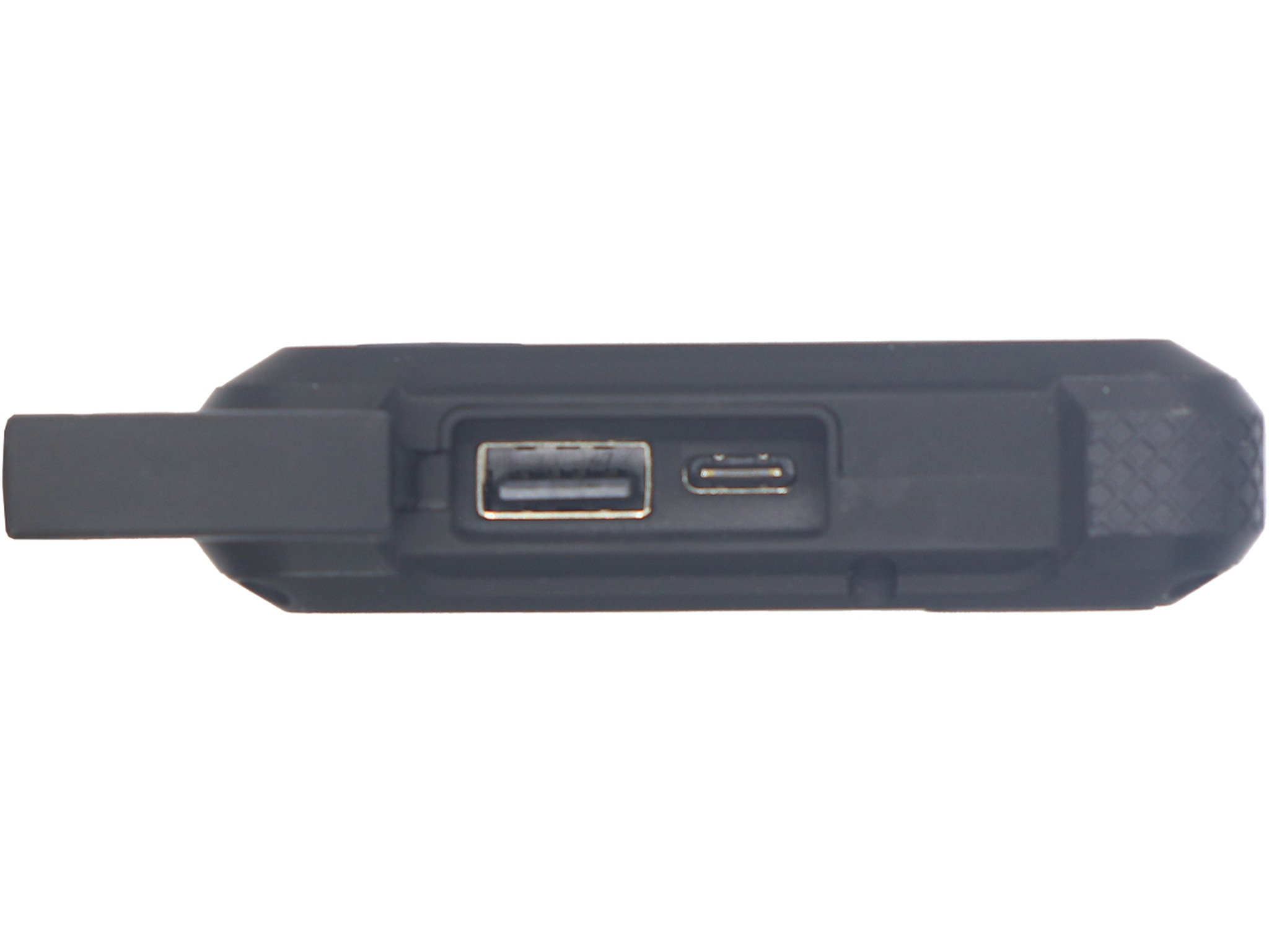 Ein schwarzes, rechteckiges USB-Gerät mit einem USB-Anschluss und einem Micro-USB-Anschluss.