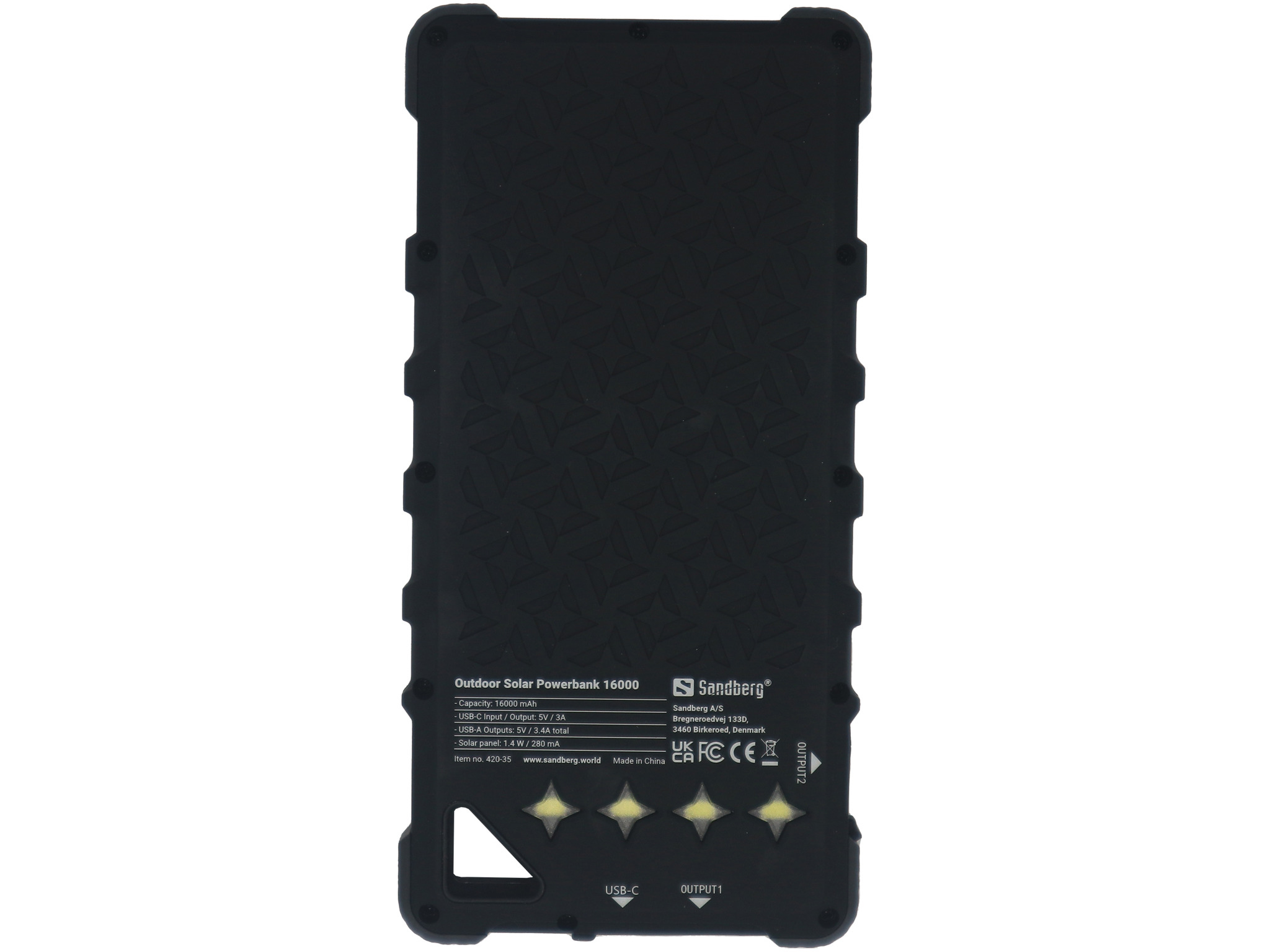 Schwarze Outdoor-Solar-Powerbank mit Spezifikationen und USB-Anschlüssen.