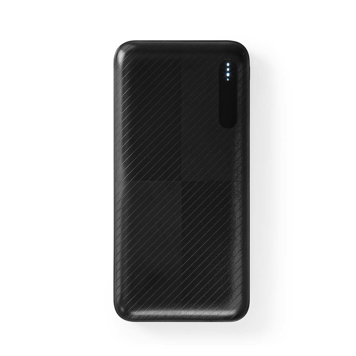 Schwarze Powerbank mit strukturierter Oberfläche und vier blauen Kontrollleuchten auf weißem Hintergrund.