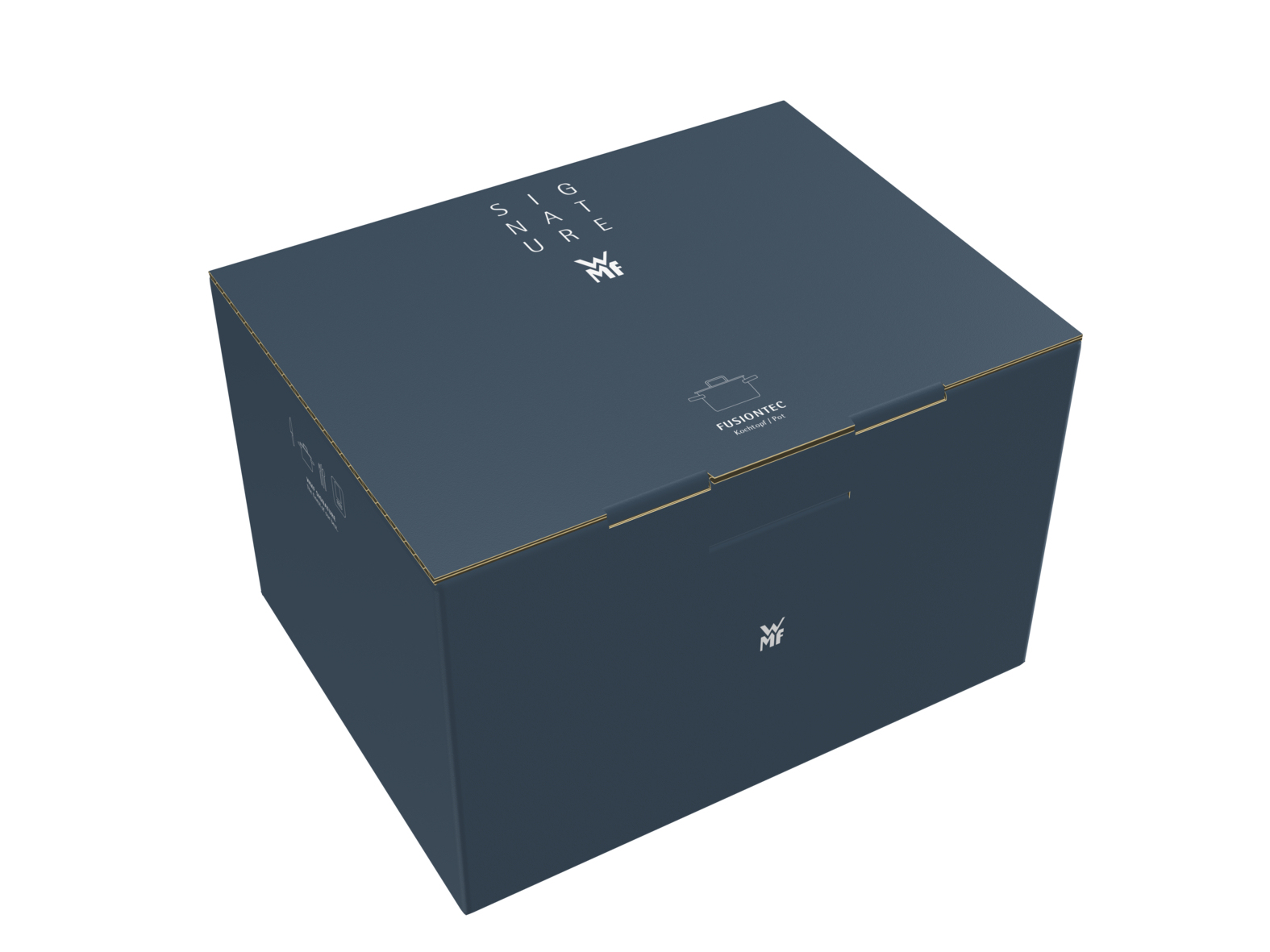 Eine dunkelblaue Box mit der Aufschrift SIGNATURE und FUSIONTEC, freigestellt auf Weiß.