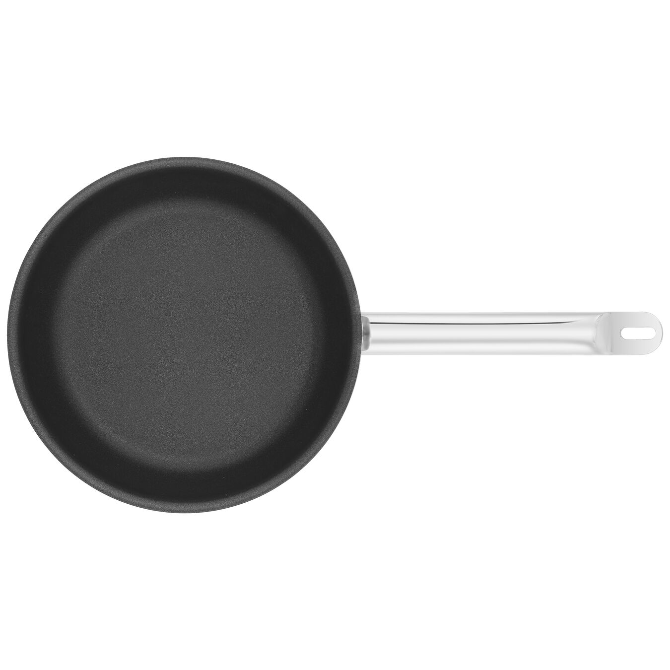 Eine schwarze Bratpfanne mit silbernem Griff, von oben betrachtet, vor weißem Hintergrund.
