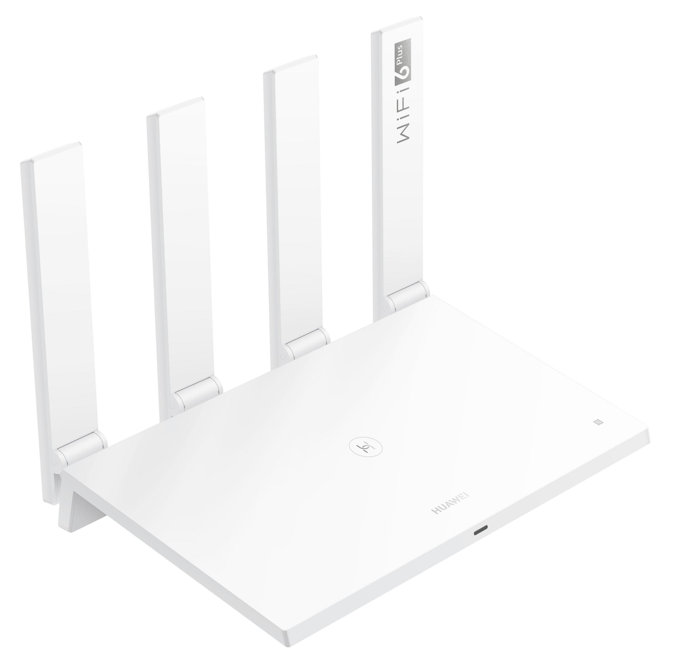 Biały router Huawei WiFi 6 Plus. Ma 4 anteny i logo Huawei.