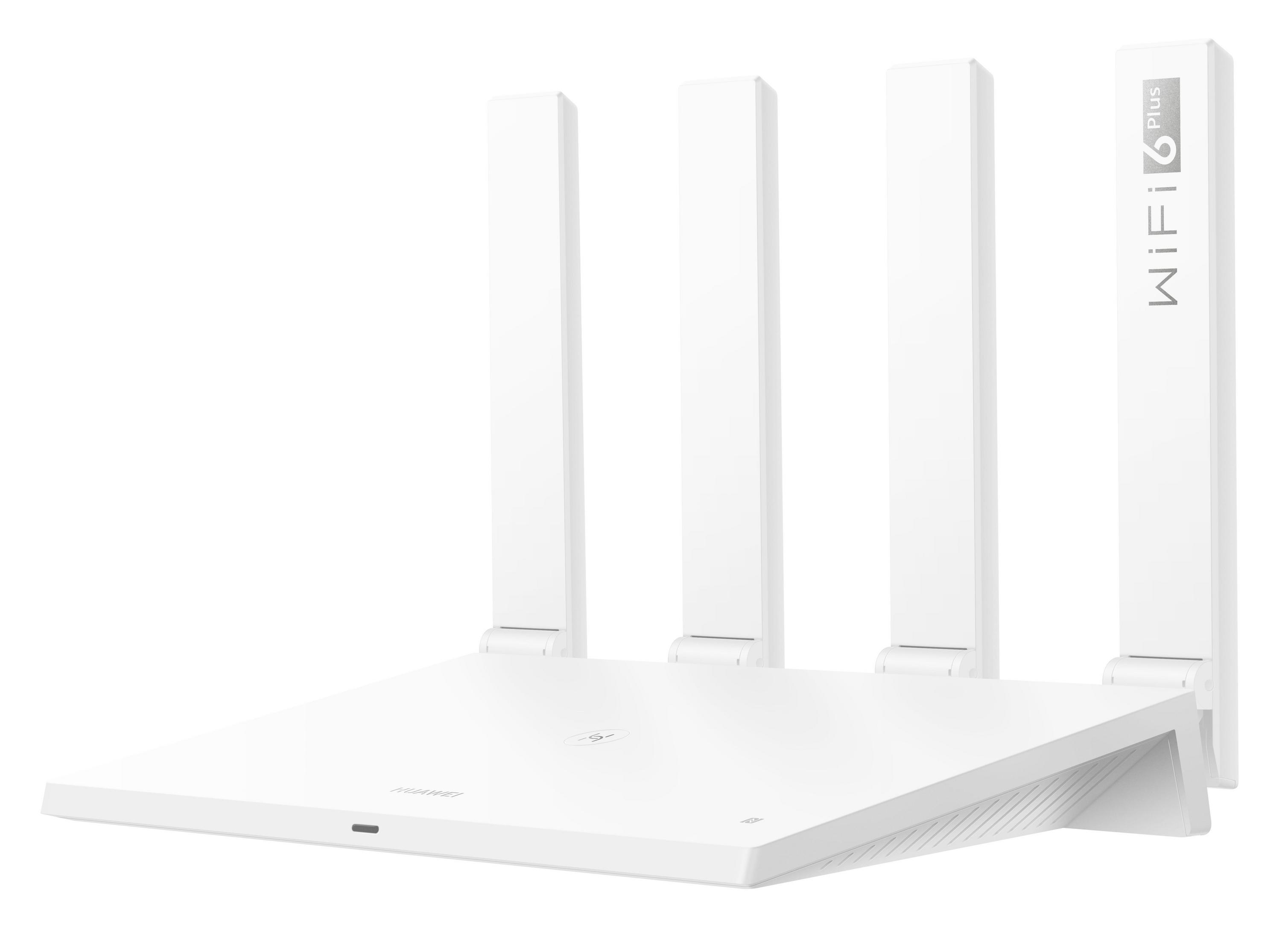 Biały router WiFi 6 z czterema antenami. Jest na białym tle.