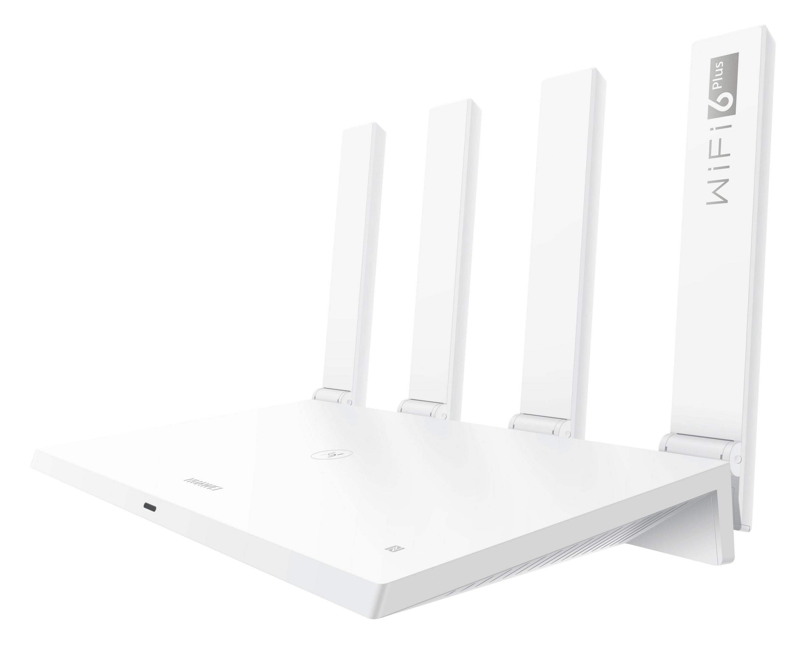Biały router WiFi 6 Plus z rozłożonymi antenami, na białej powierzchni. Widoczny tekst WiFi 6 Plus.