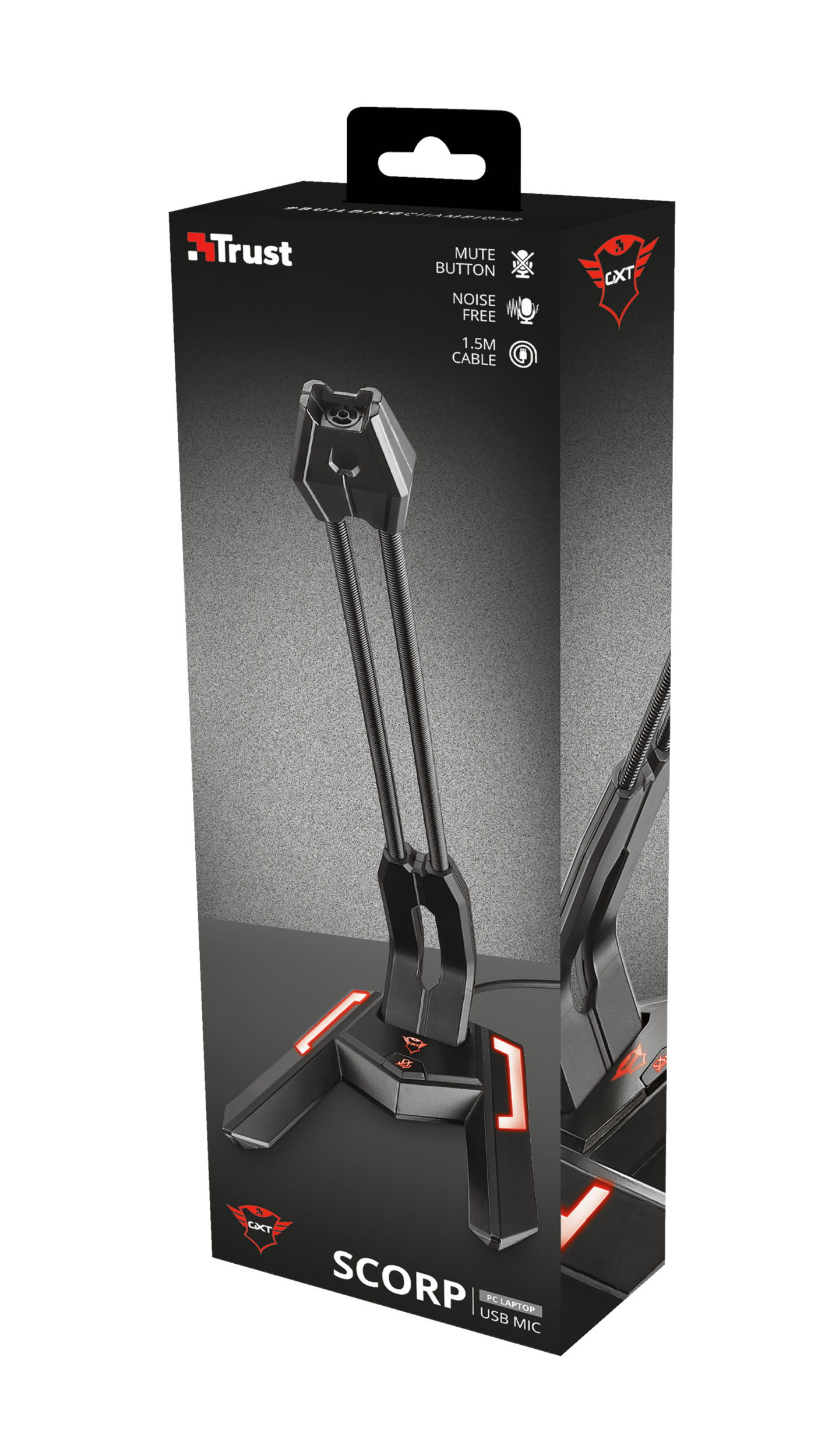 Mikrofon w pudełku. Pudełko mówi *Mute Button*, *Noise Free* i *1.5M Cable*.