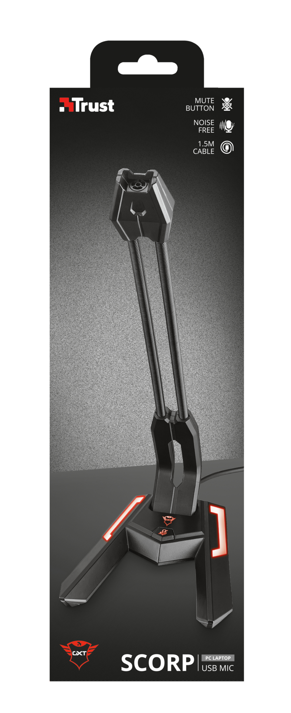 Czarny mikrofon USB z czerwonymi akcentami, spoczywający na czarnym pudełku z tekstem.