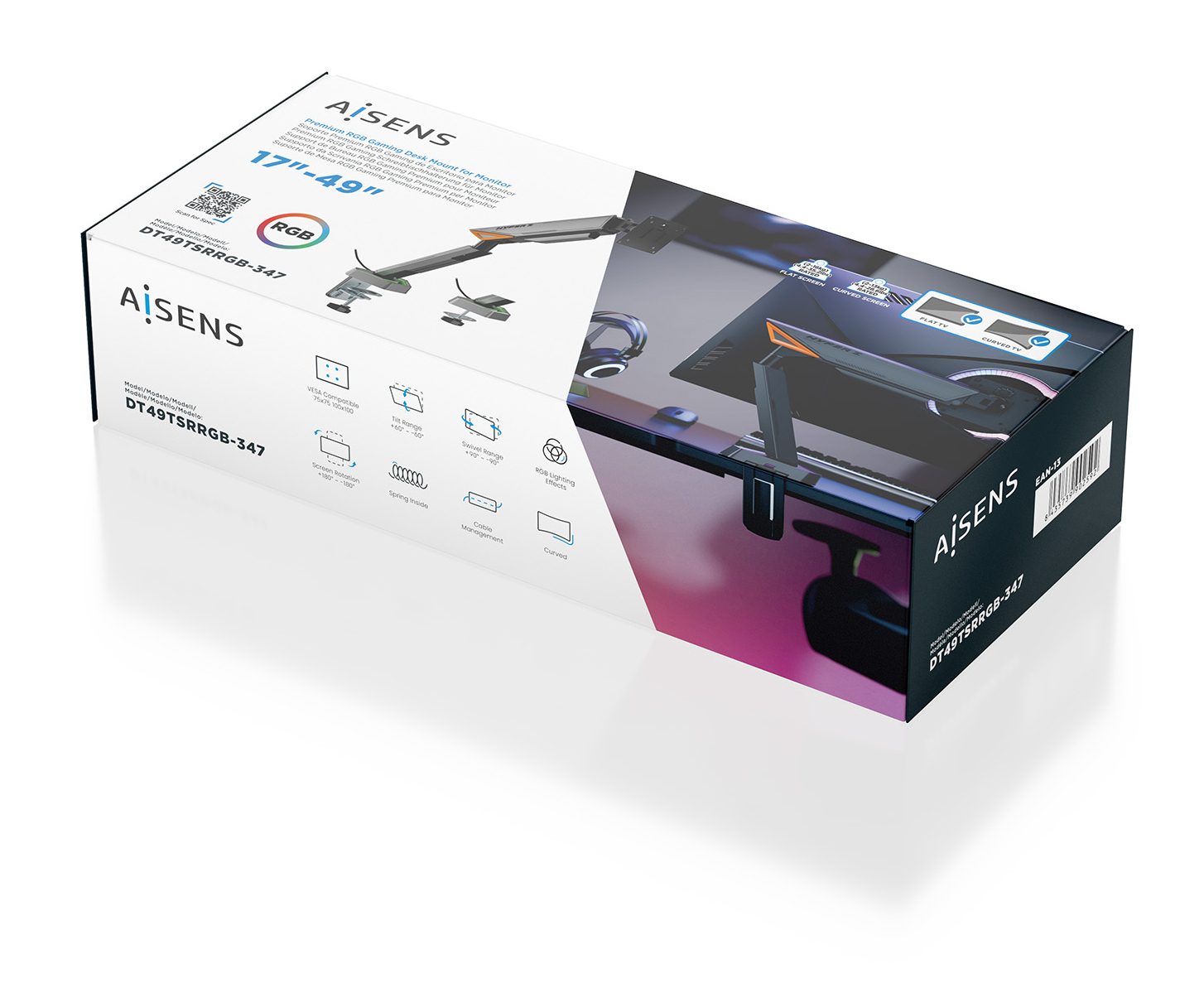 Una caja de producto que muestra un brazo de monitor y accesorios con un fondo blanco.