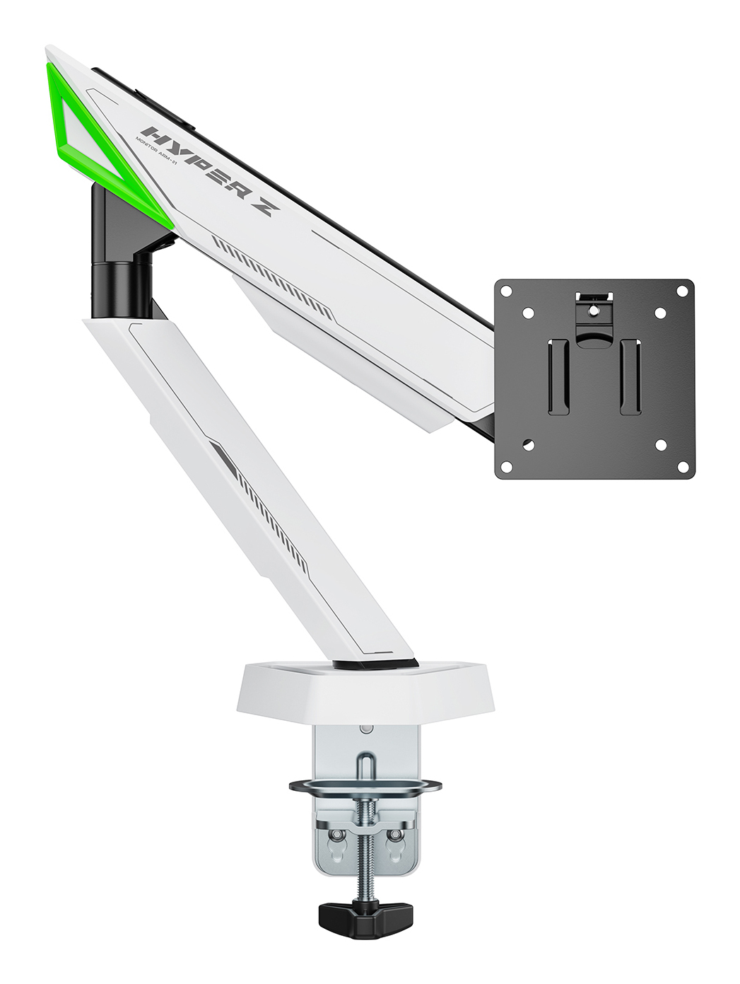 Białe i czarne ramię monitora z zielonymi akcentami, zamontowane na zacisku stołowym.