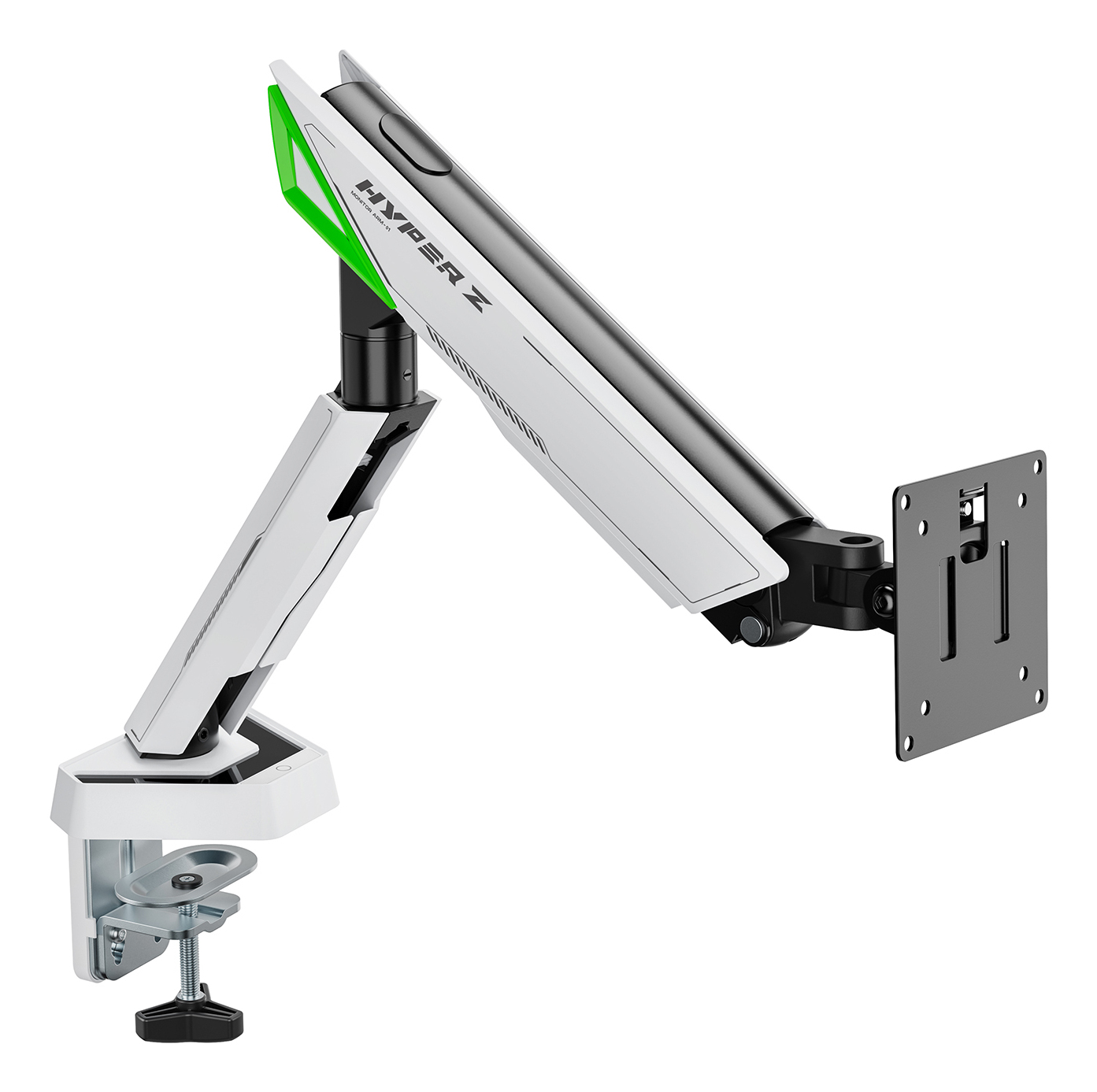 Biało-czarne ramię monitora. Zielony akcent na górze. Tło jest białe.