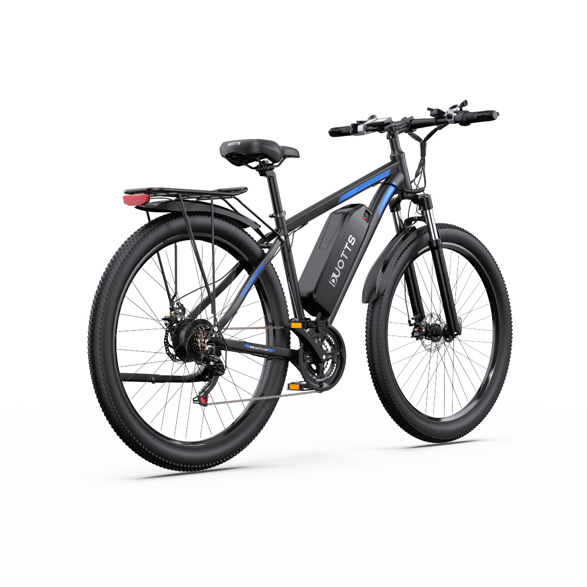 Schwarz-blaues Elektrofahrrad. Mit Akku, Gepäckträger und Reifen. Weißer Hintergrund.