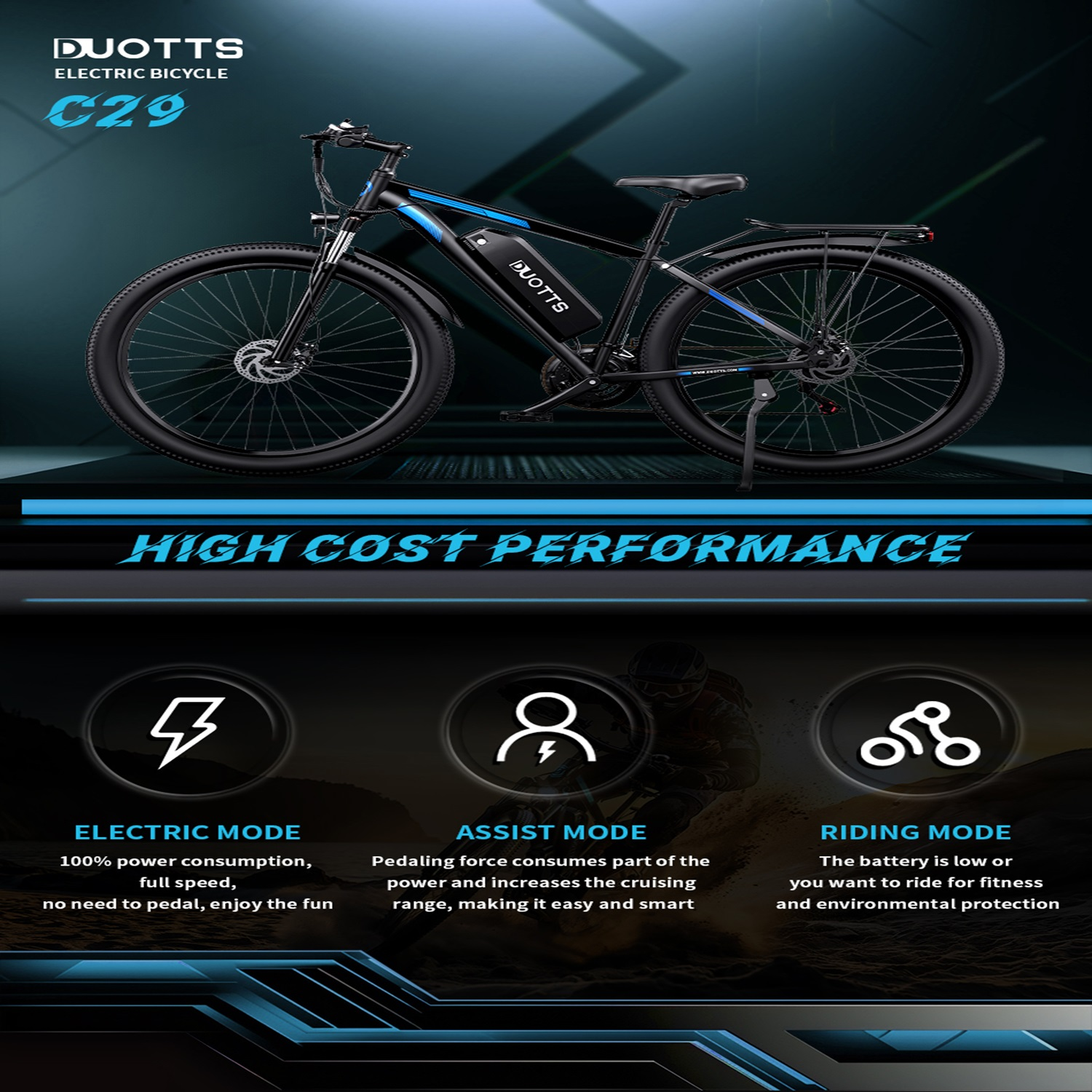 Una bicicleta eléctrica con detalles azules, alto rendimiento y tres modos de conducción: eléctrico, asistido y de paseo.