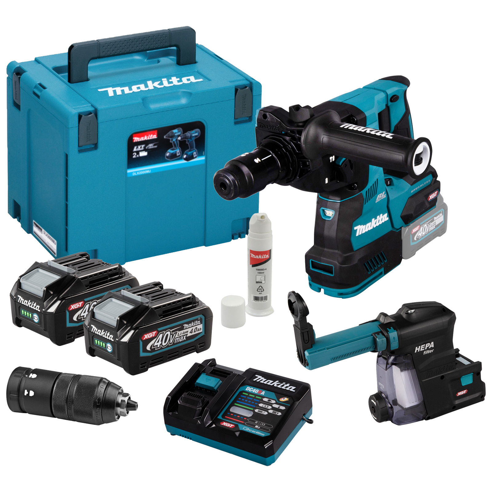 Un set di trapani, che include una custodia blu, batterie, caricabatterie e la trapano stesso.