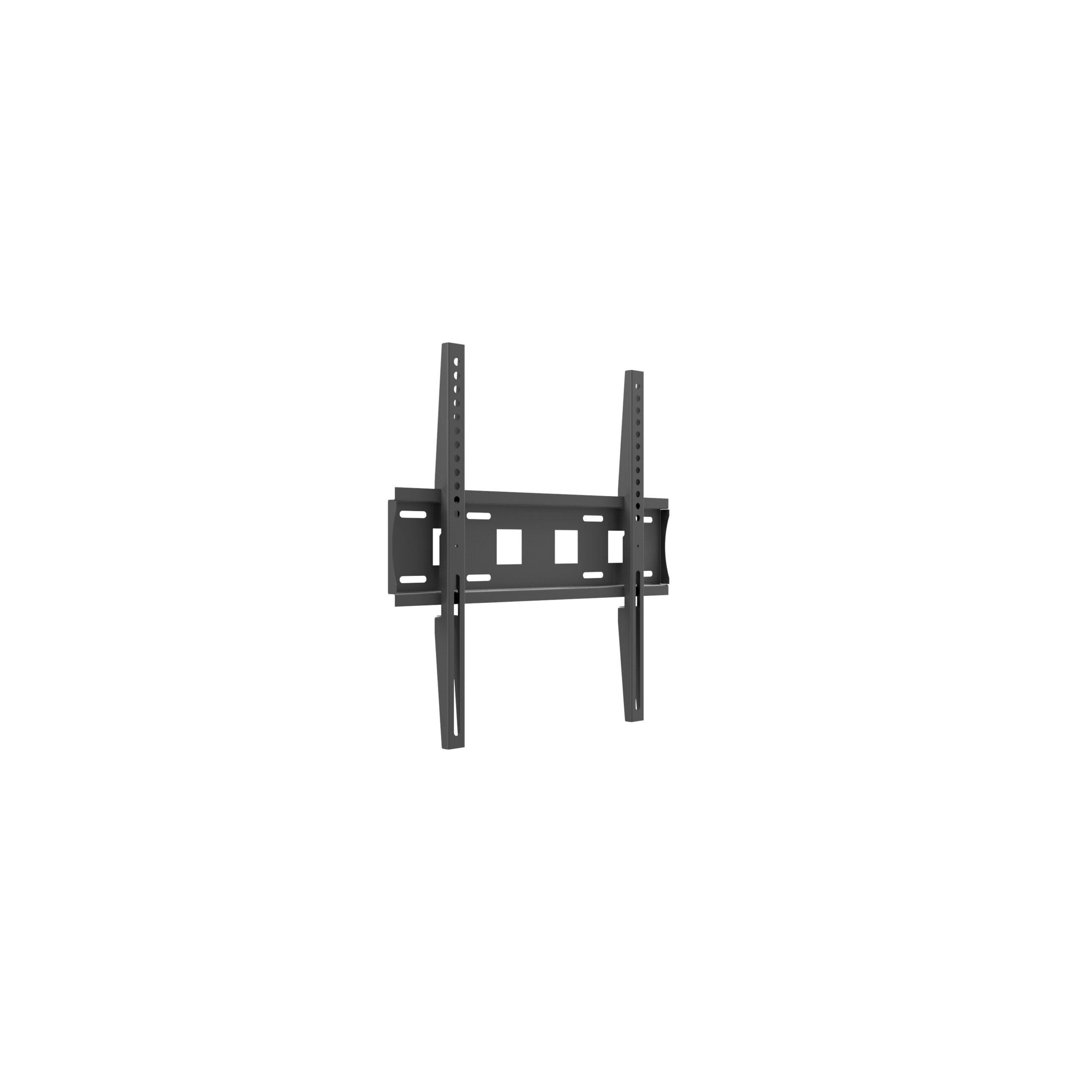 Soporte de pared para TV negro. Tiene dos rieles verticales y dos brazos horizontales. Fondo blanco.