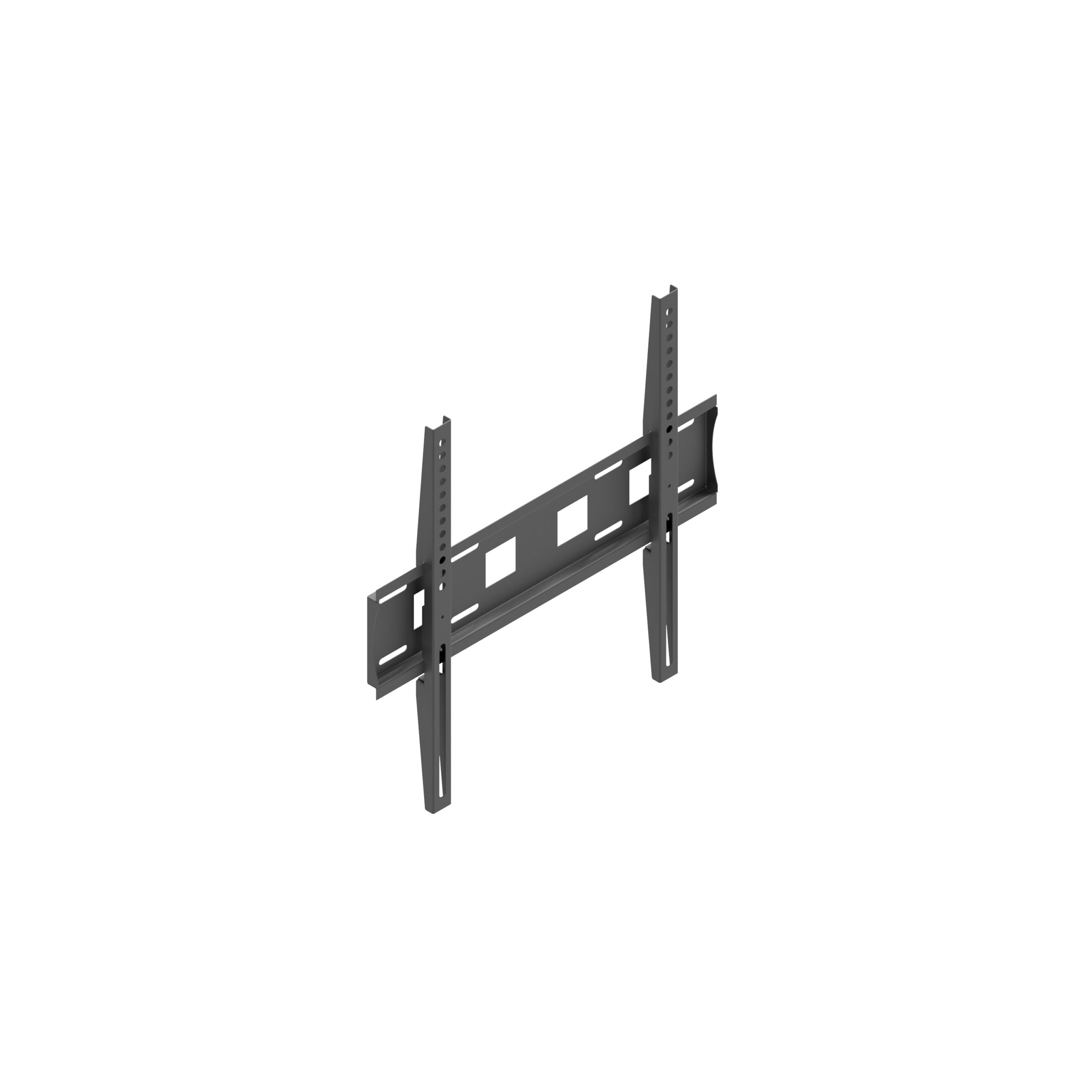 Soporte de TV de metal oscuro sobre fondo blanco. Es un diseño rectangular simple.