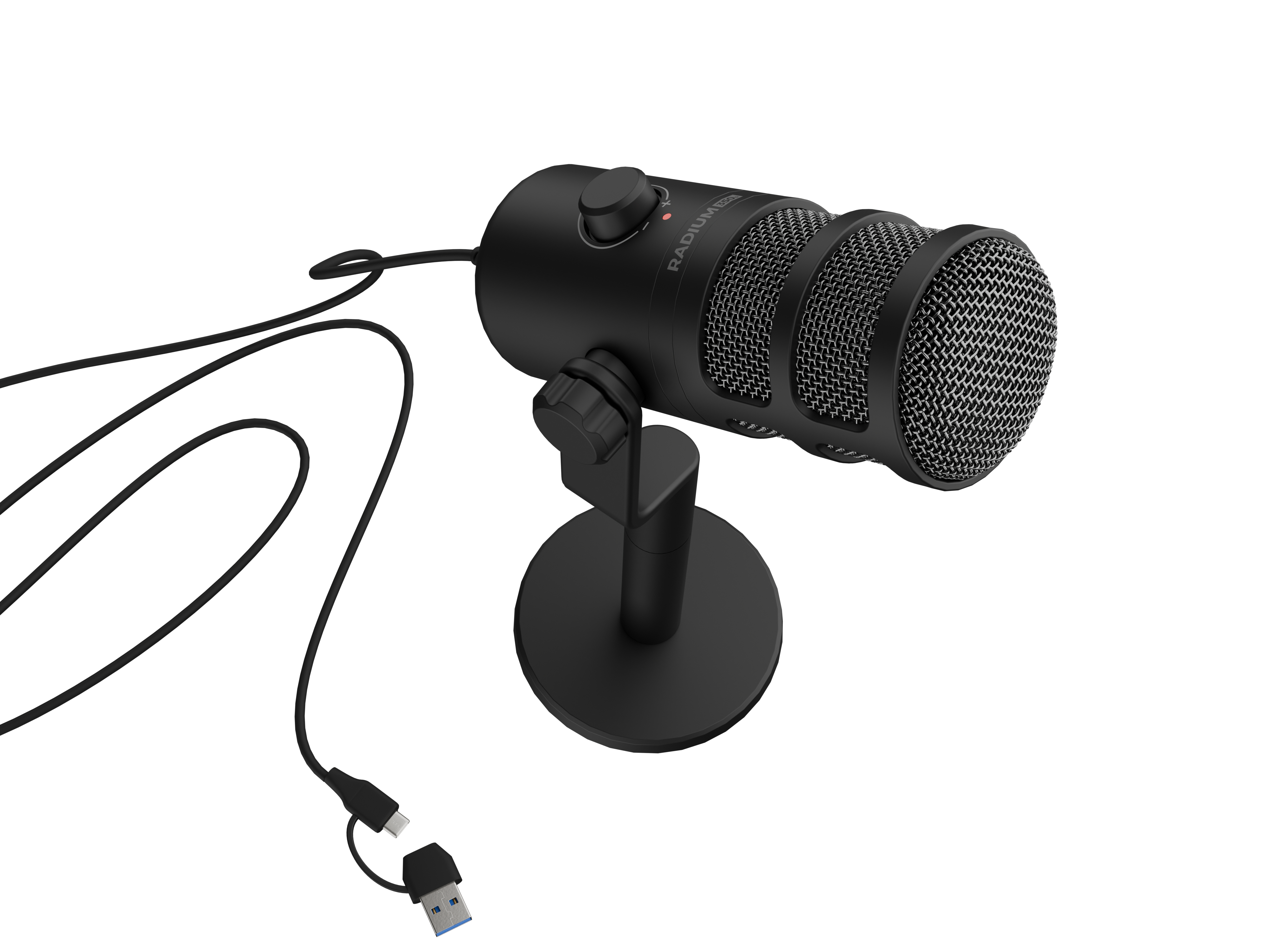 Microfono nero con supporto e cavo USB. Il microfono è su sfondo bianco.