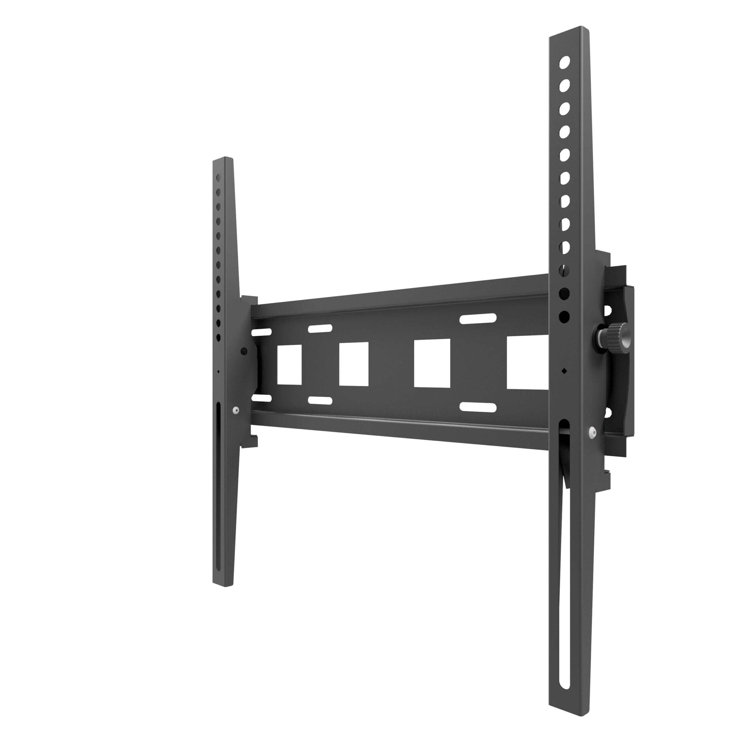 Schwarze TV-Halterung für eine Wand. Zwei vertikale Arme mit Löchern und ein horizontaler Abschnitt.