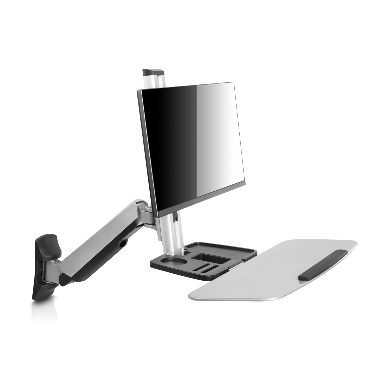 Monitorarm mit Monitor und Schreibtischaufsatz, mit Ablage.