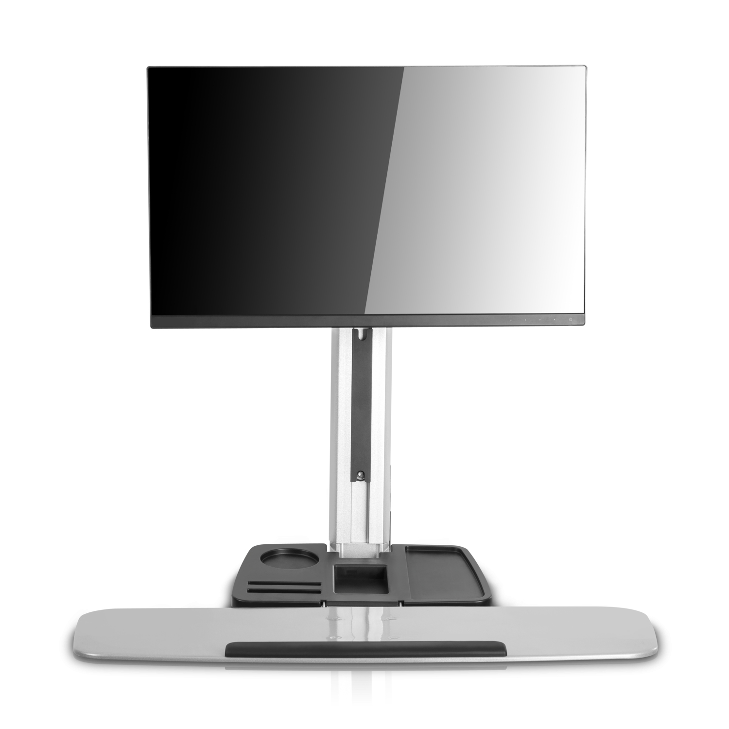 Ein Monitor ist auf einem Ständer mit integrierter Tastaturablage montiert.