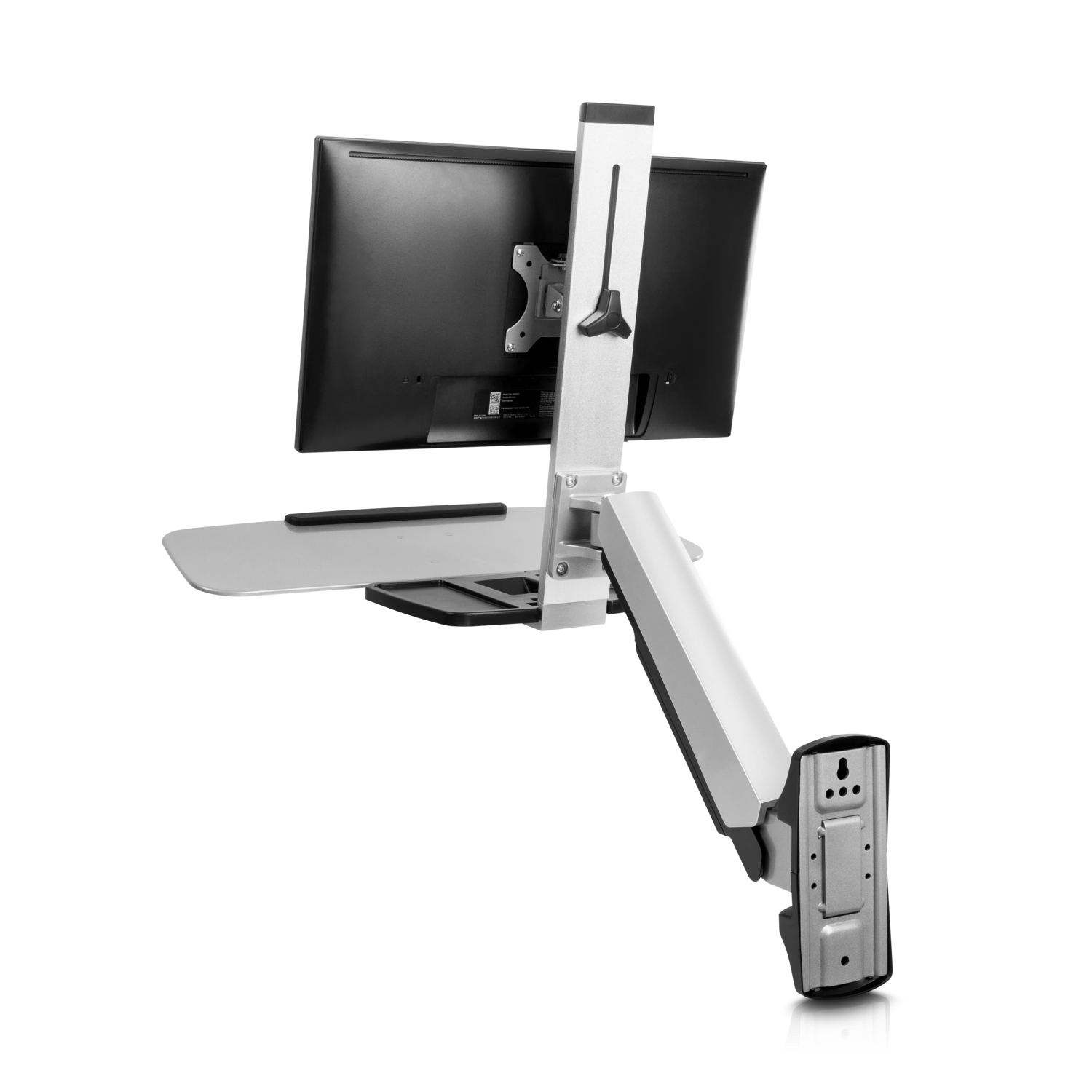 Ein Monitorarm mit einem angebrachten Monitor, an einer Wand montiert.