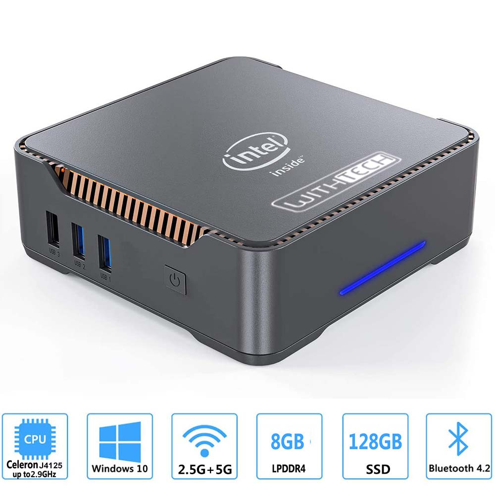 Mini PC gris oscuro, con logo Intel, puertos y botón de encendido.