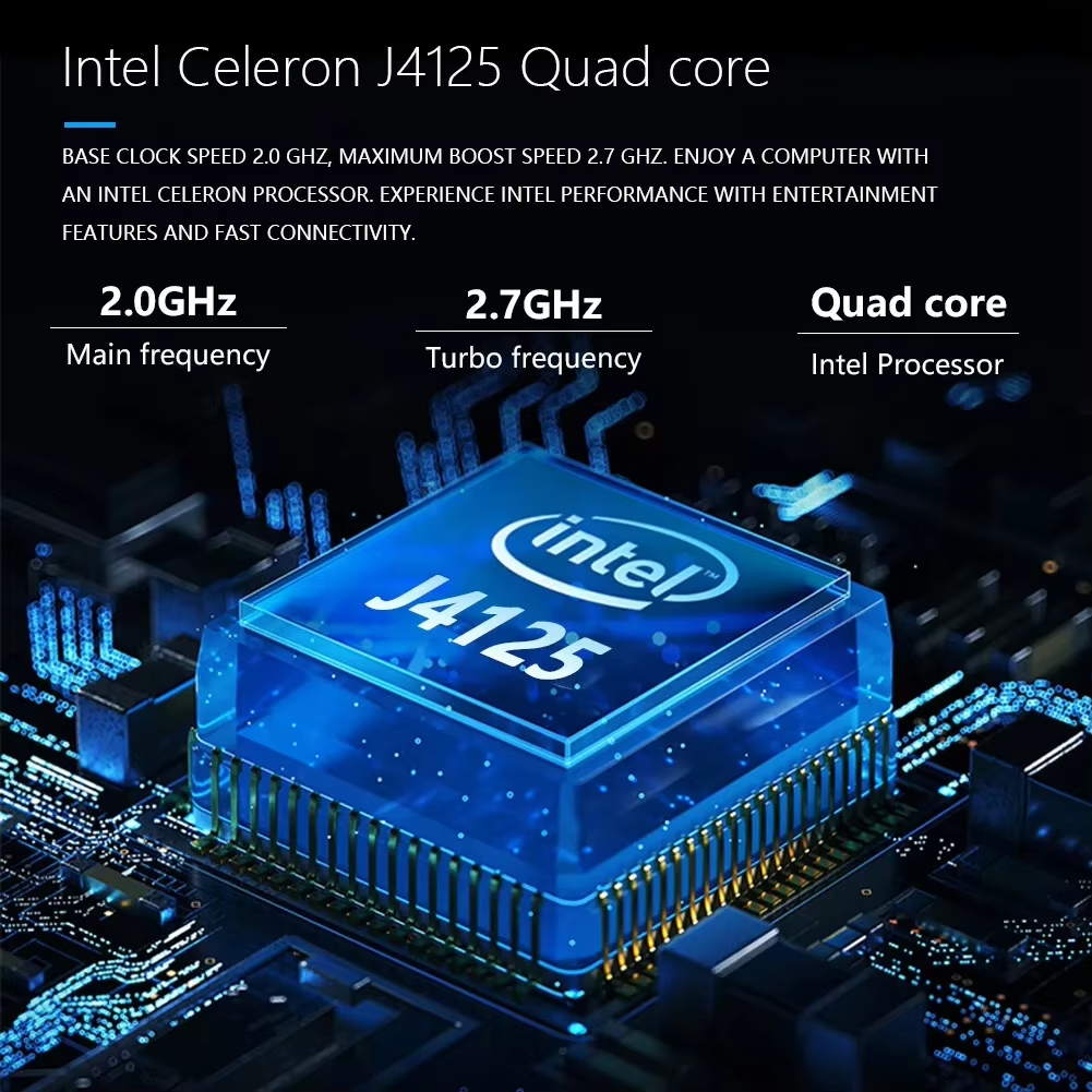 Primer plano de un procesador Intel azul y blanco. Incluye especificaciones y fondo azul.