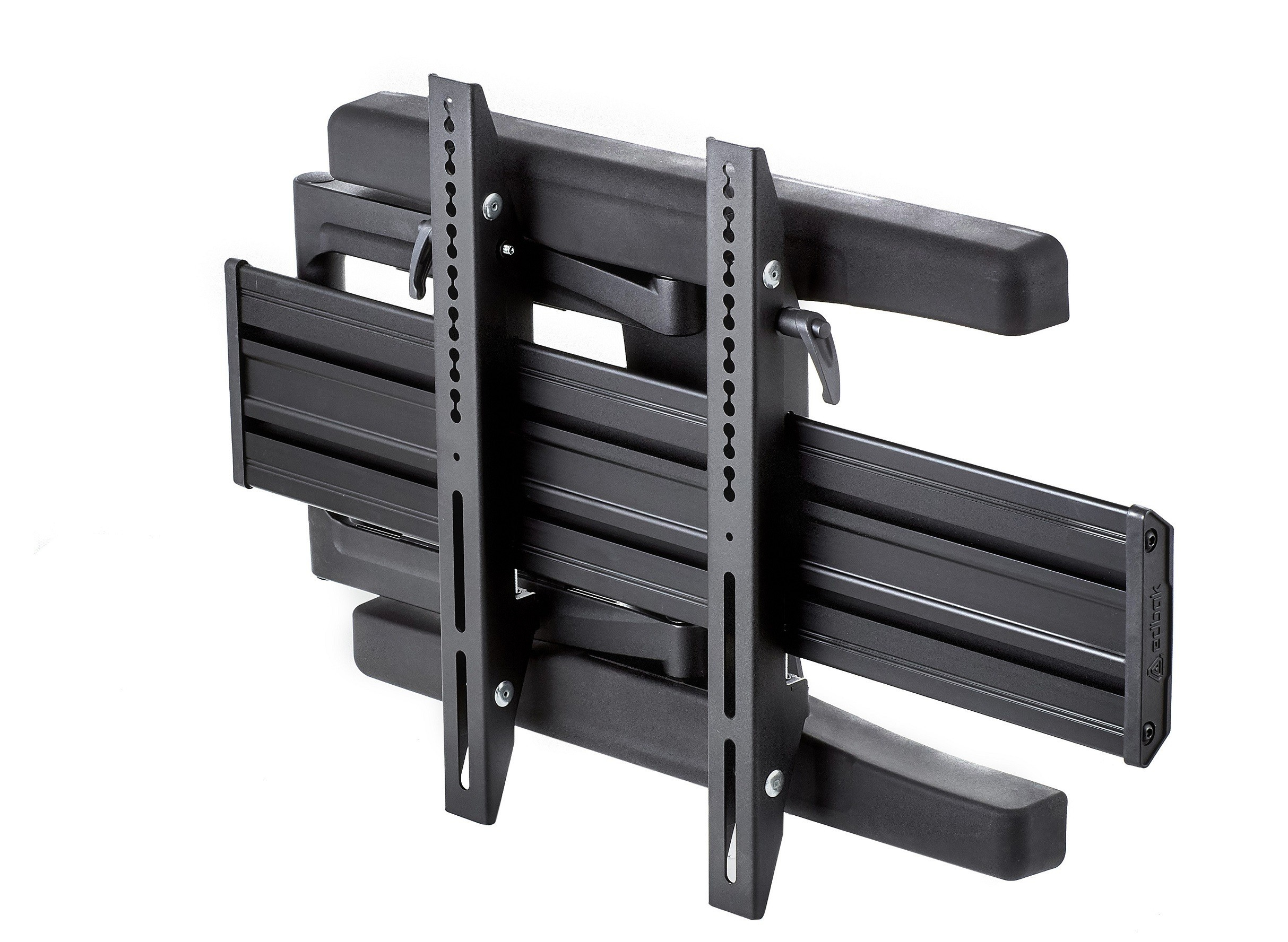 Soporte de TV negro con brazos plegados. Tiene múltiples puntos de montaje.