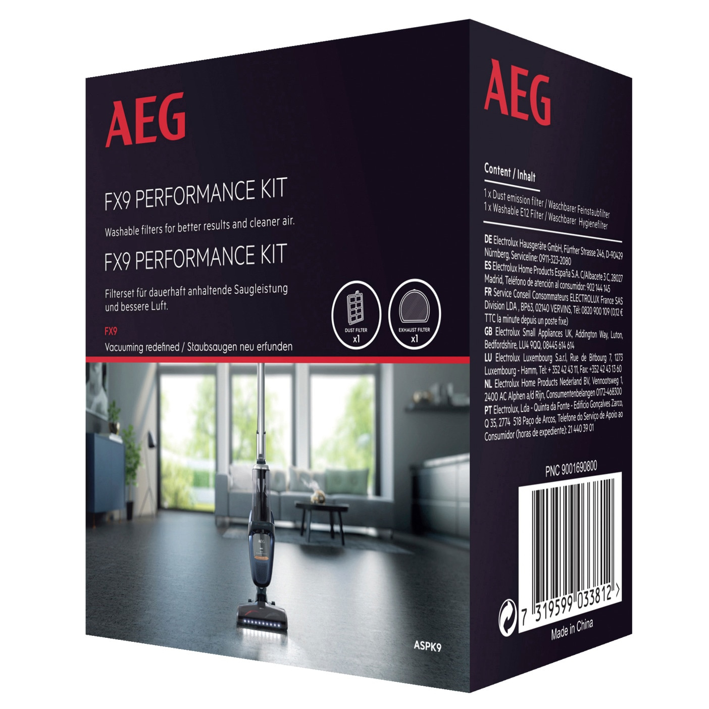 Caja del kit de rendimiento AEG FX9. El texto y las imágenes detallan el producto, incluidos los filtros de polvo y escape.