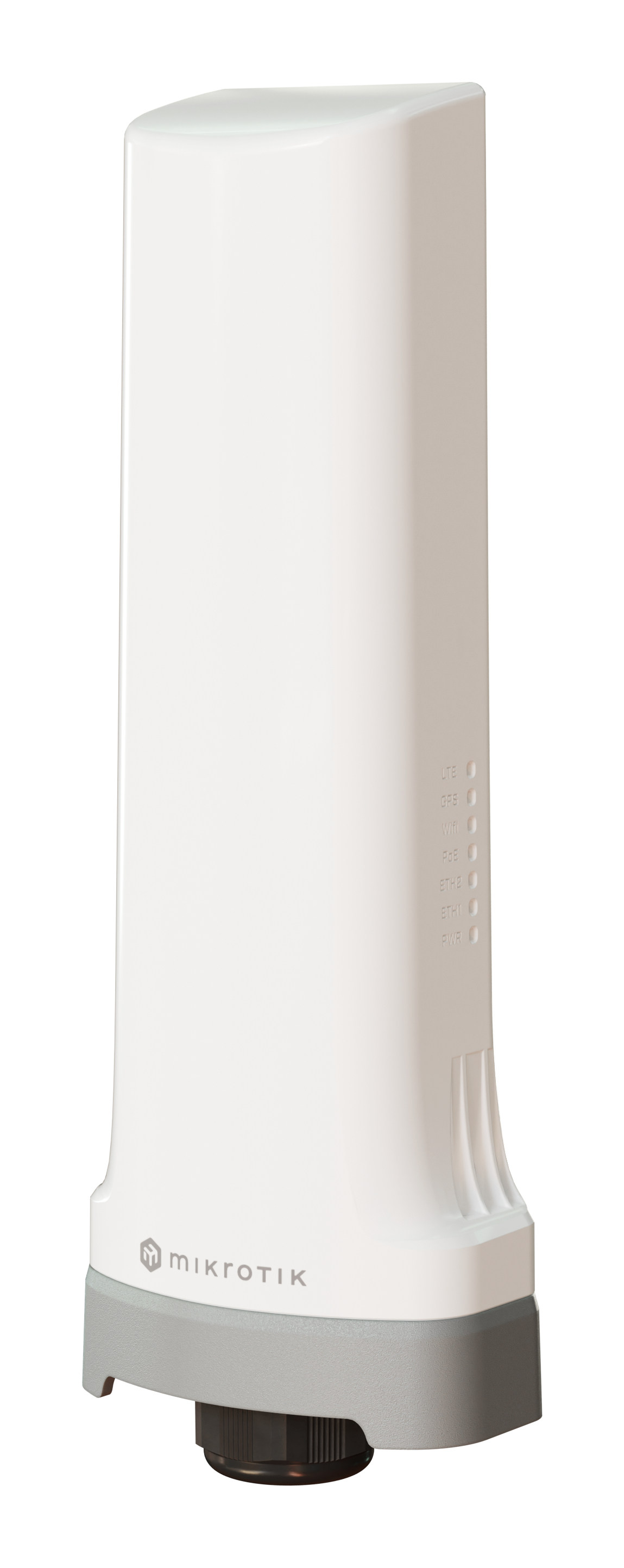 Antenna Mikrotik bianca. È cilindrica e ha una base grigia.