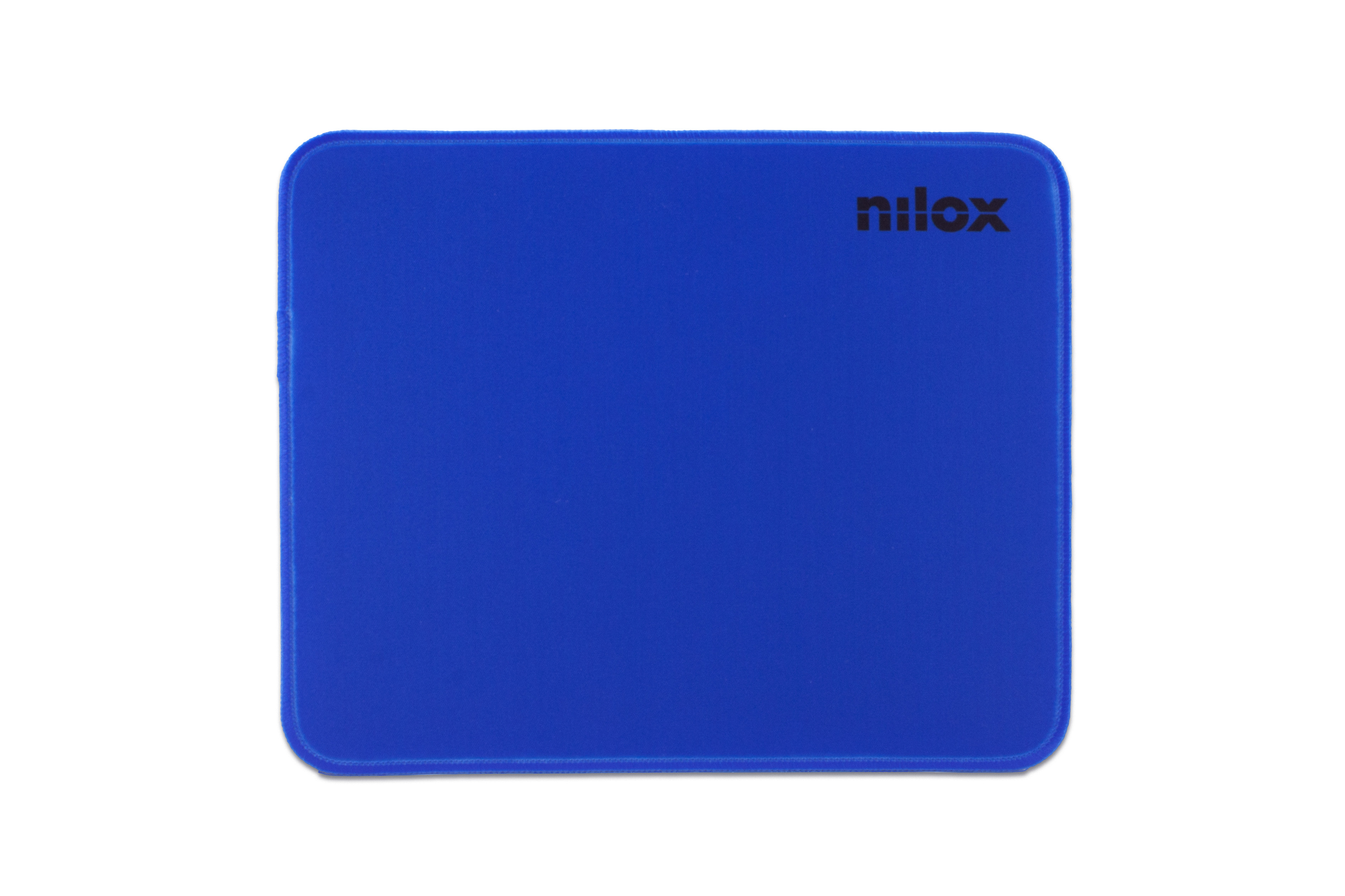 Een felblauwe muismat met het woord 'nilox' in zwarte letters bovenaan.