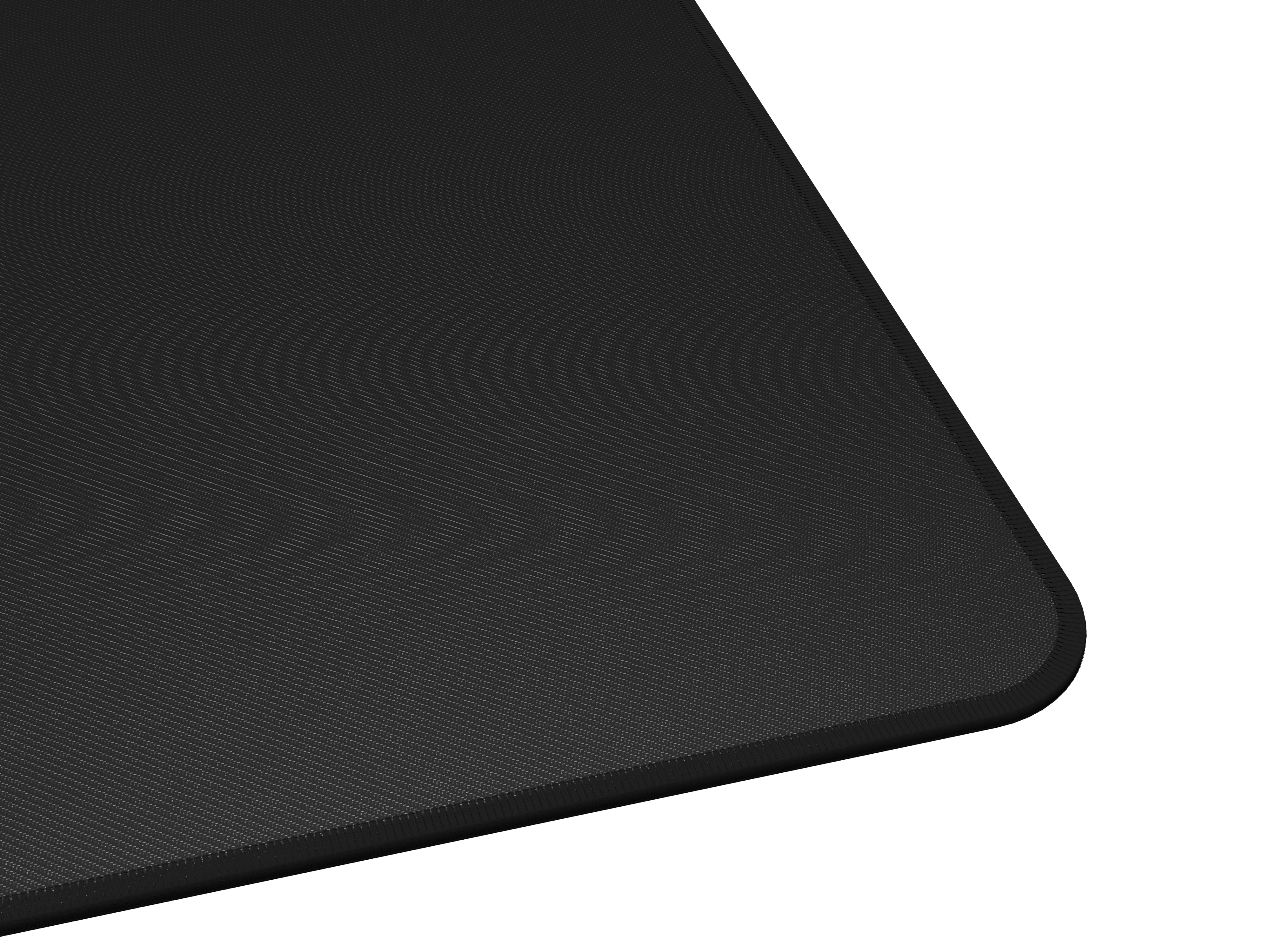 Un coin d'un tapis de souris noir avec une surface texturée et un coin arrondi.