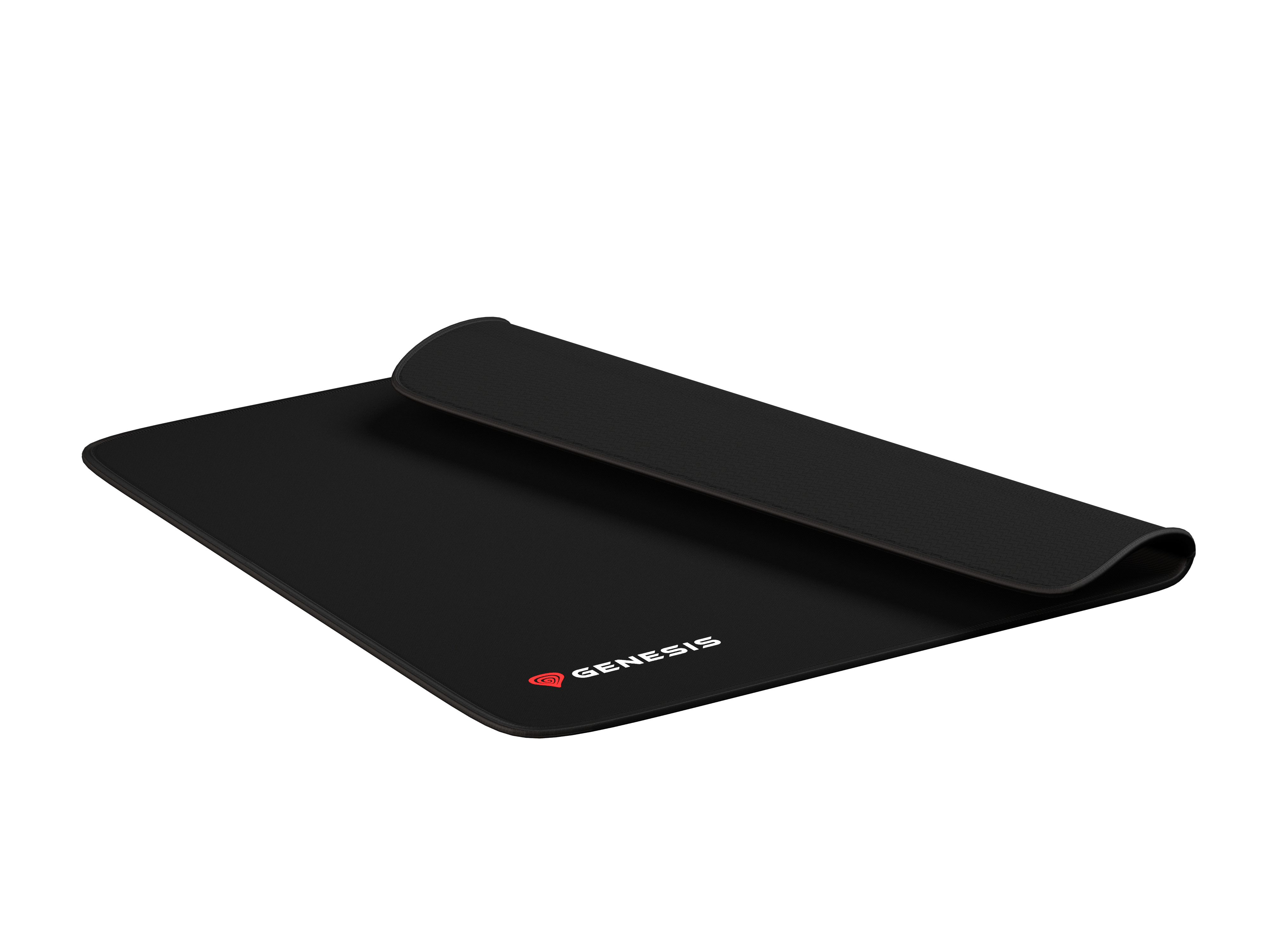 Tapis de souris gaming Genesis noir avec logo rouge. Enroulé en haut.
