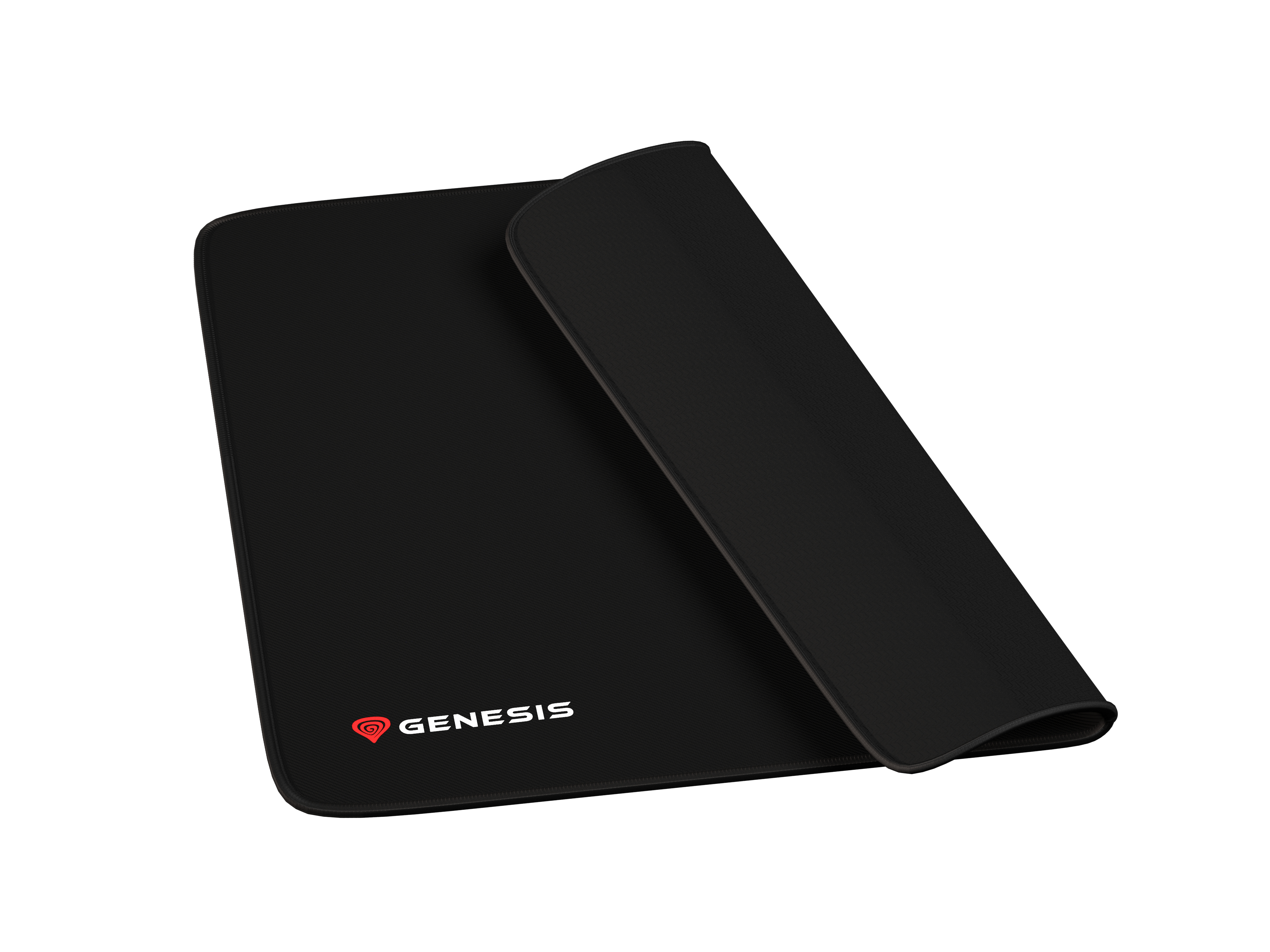 Tapis de souris noir avec un logo rouge. Le tapis de souris est rectangulaire et a un bord légèrement surélevé.