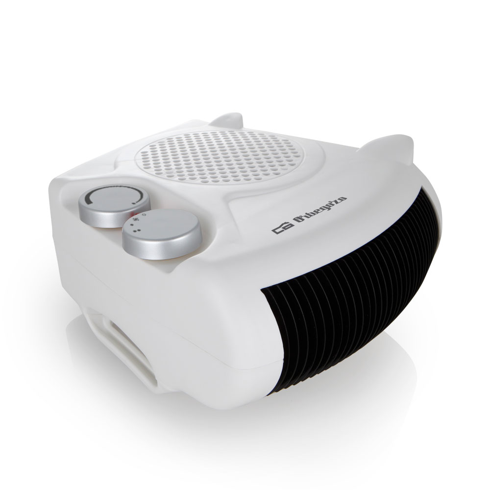 Biały grzejnik elektryczny z dwoma szarymi pokrętłami i czarnym przodem.