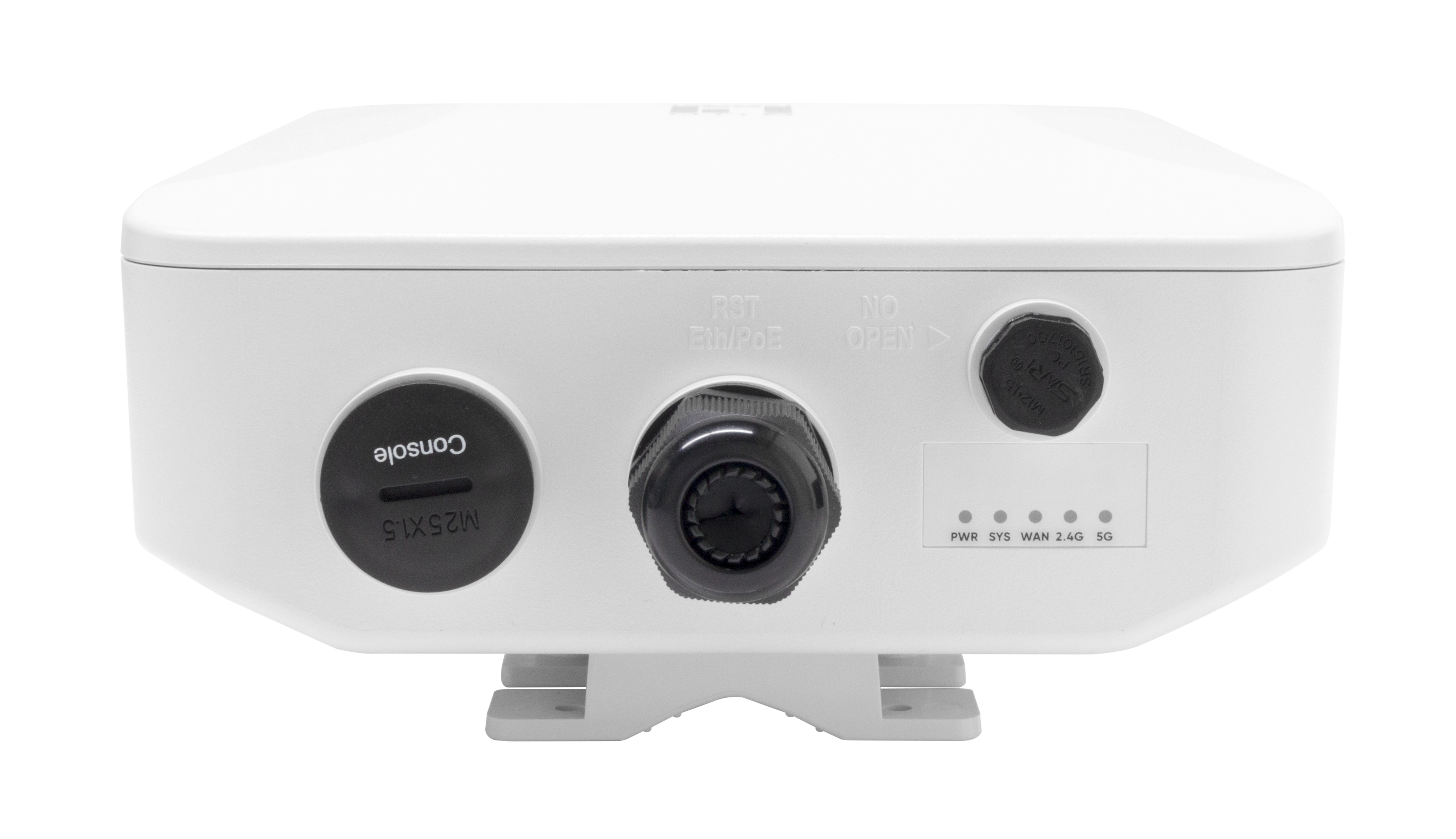 Biały router z portami, przyciskami i interfejsem konsoli na białym tle, z uchwytem montażowym.