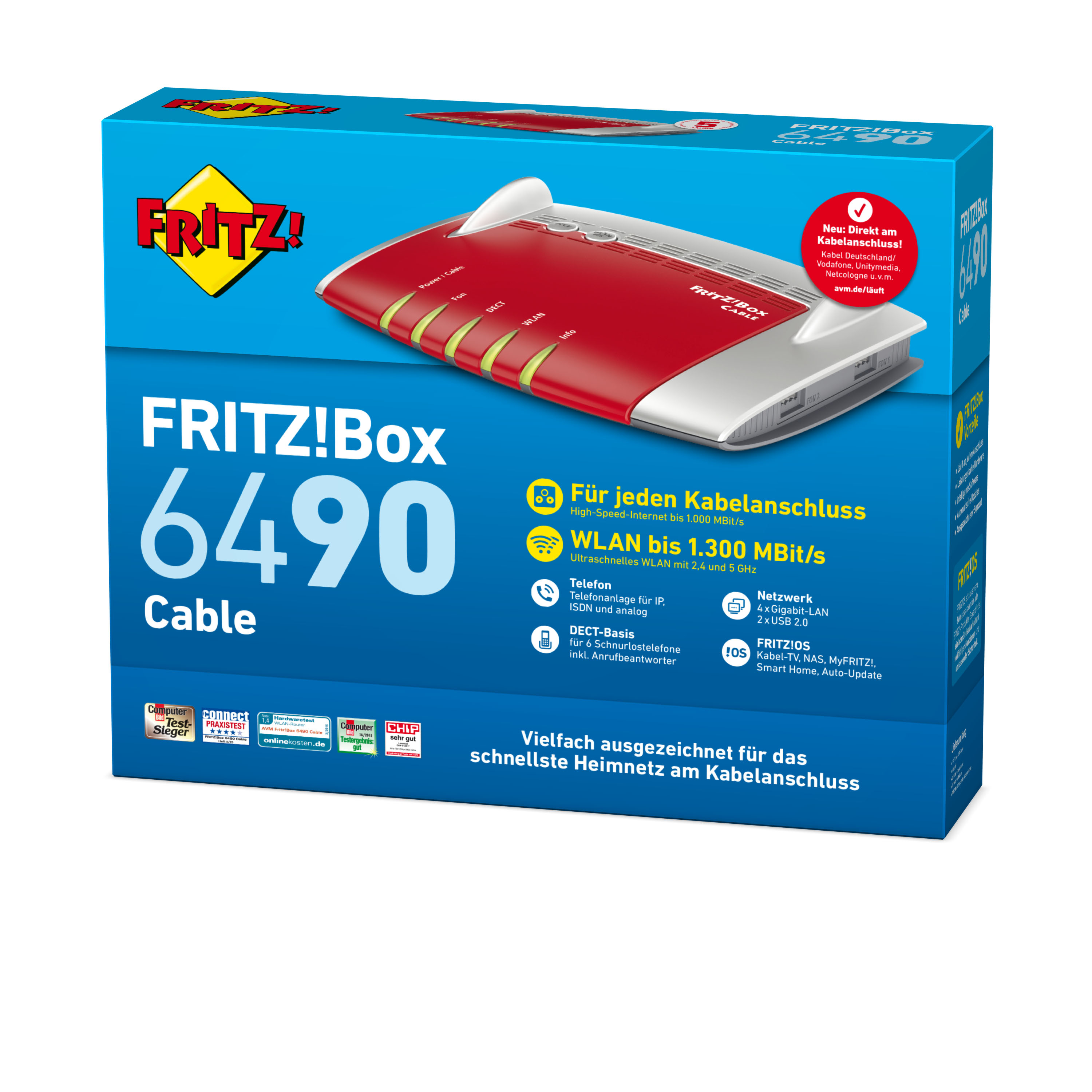 Fritz!Box 6490 Cable Box. Rotes und blaues Design mit mehreren Symbolen und Text.