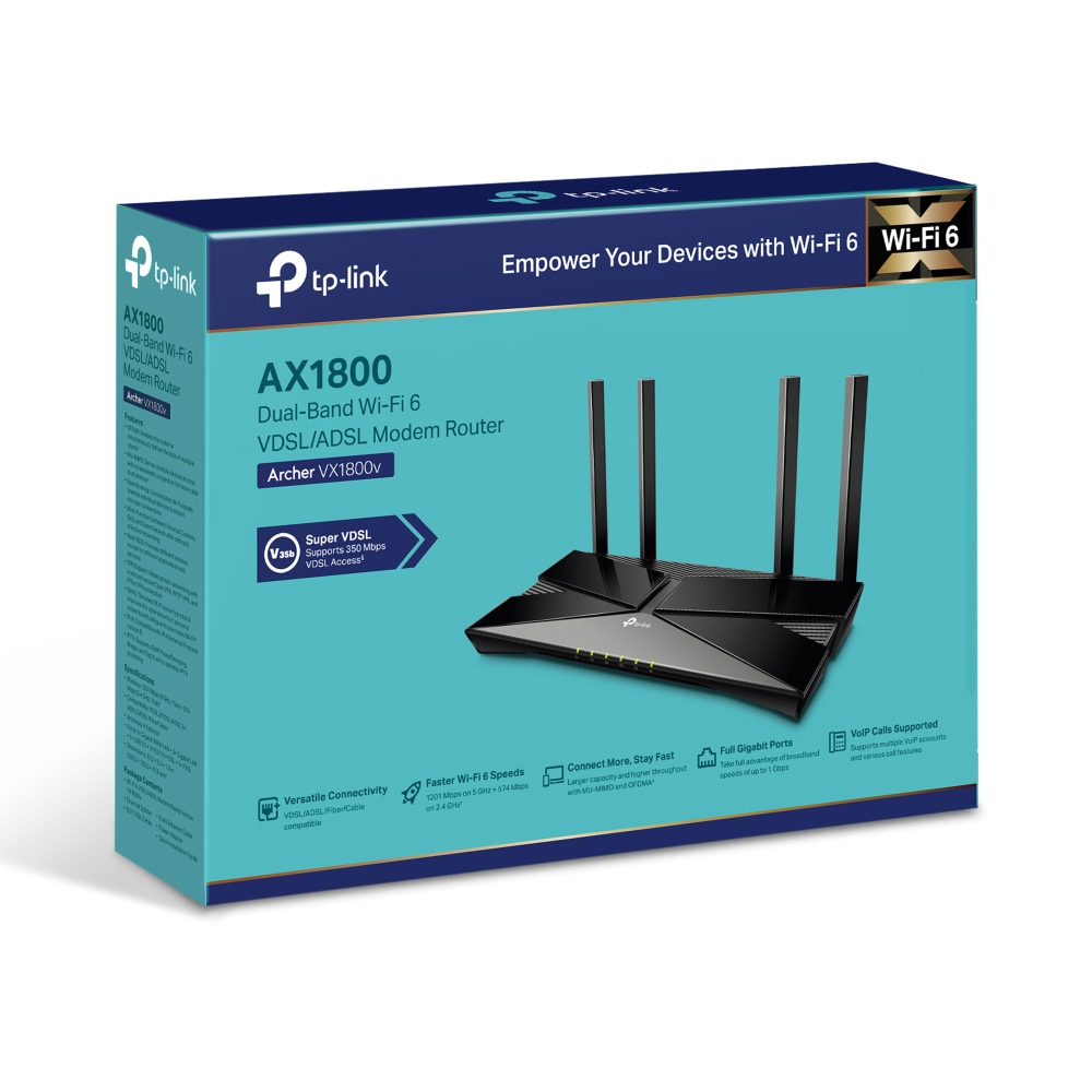 Scatola del router TP-Link. Router nero con quattro antenne. Scatola turchese con dettagli e loghi del prodotto.