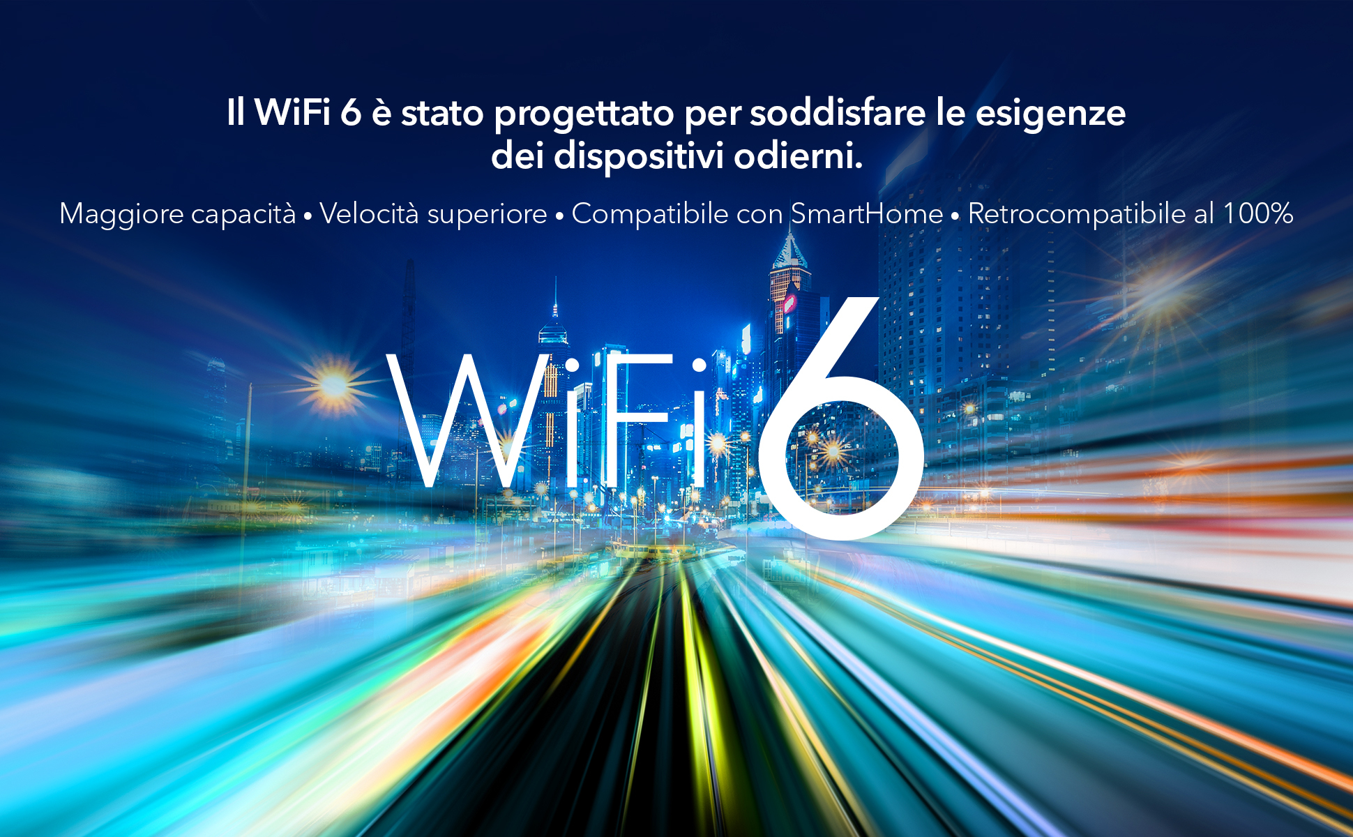 WiFi 6-Werbung mit Stadtlichtern und Text, die schnellere Geschwindigkeiten bewirbt.