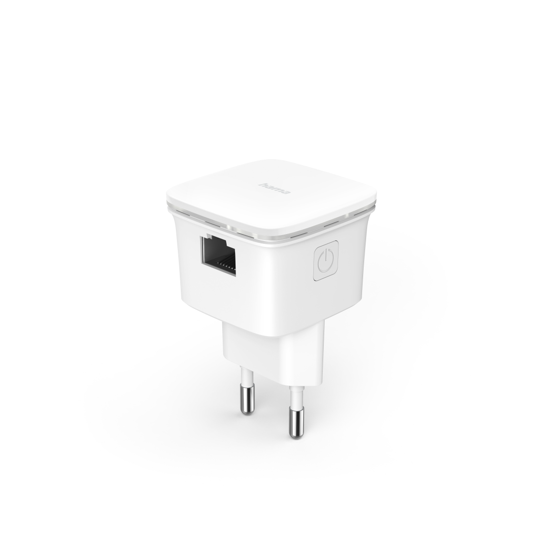 Biały adapter Hama. Ma przycisk zasilania, port Ethernet i dwa bolce do gniazdka.