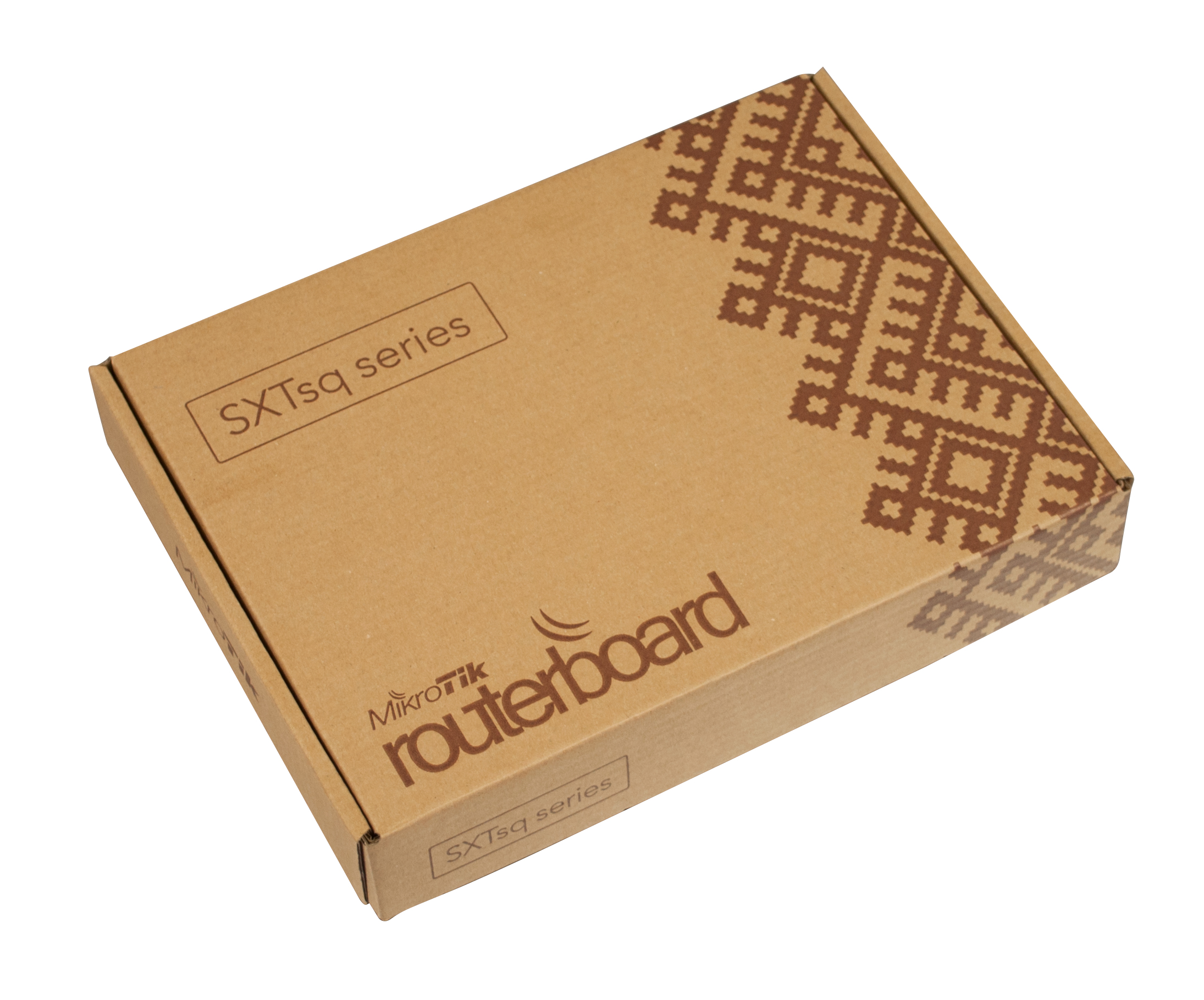 Brązowe pudełko z nadrukiem 'SXTsq series' i 'MikroTik routerboard'.