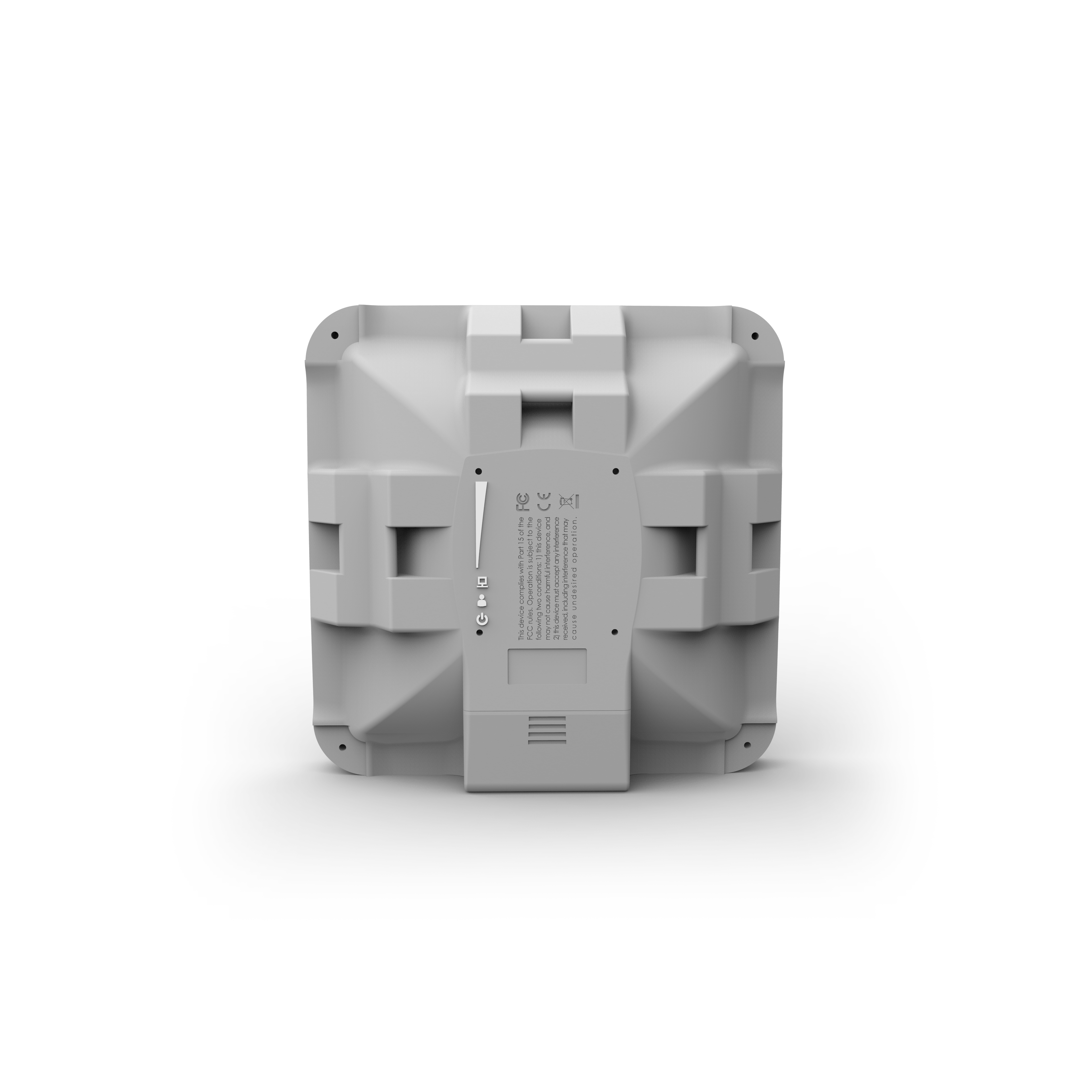 Szare kwadratowe urządzenie z otworami wentylacyjnymi i tekstem. Widok z tyłu, na białym tle.