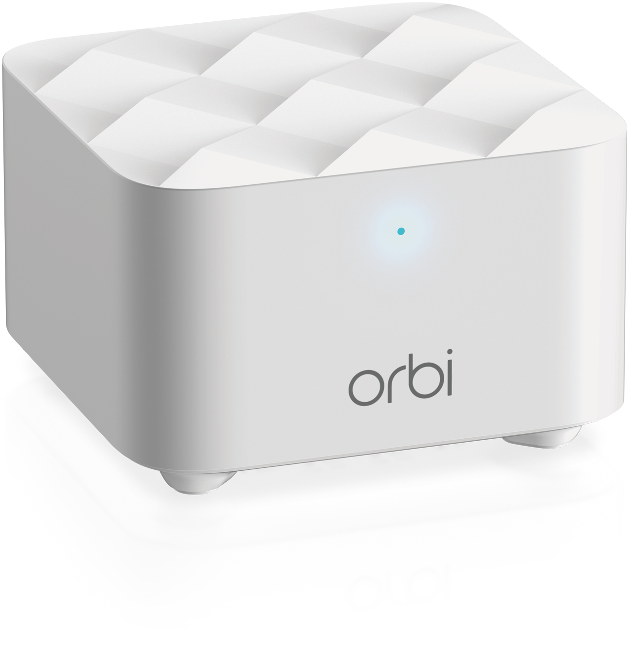 Ein weißer Orbi-Router auf weißem Hintergrund mit einem blauen Licht oben.