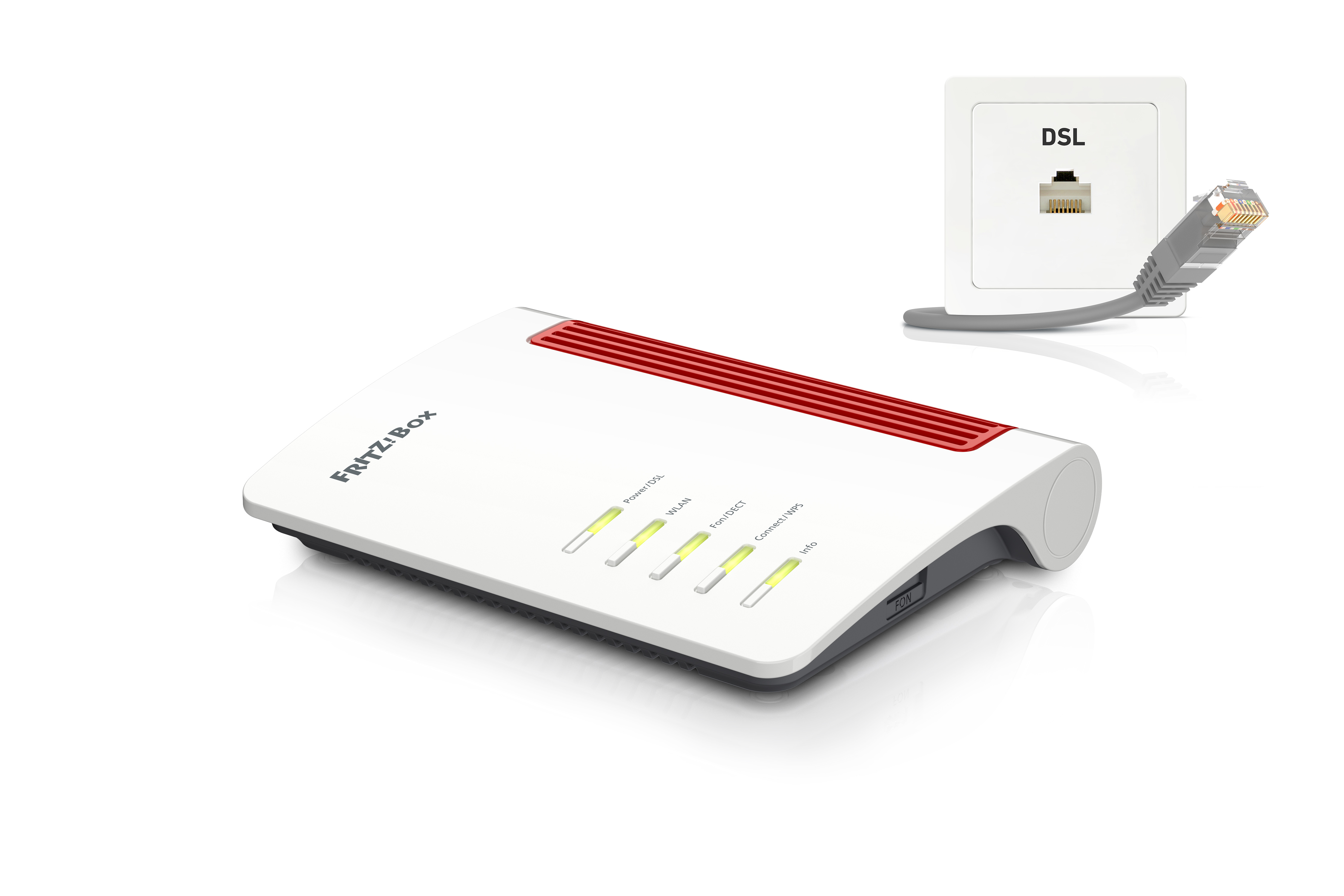 Router blanco y rojo con puerto DSL y conexión por cable. Fondo blanco.