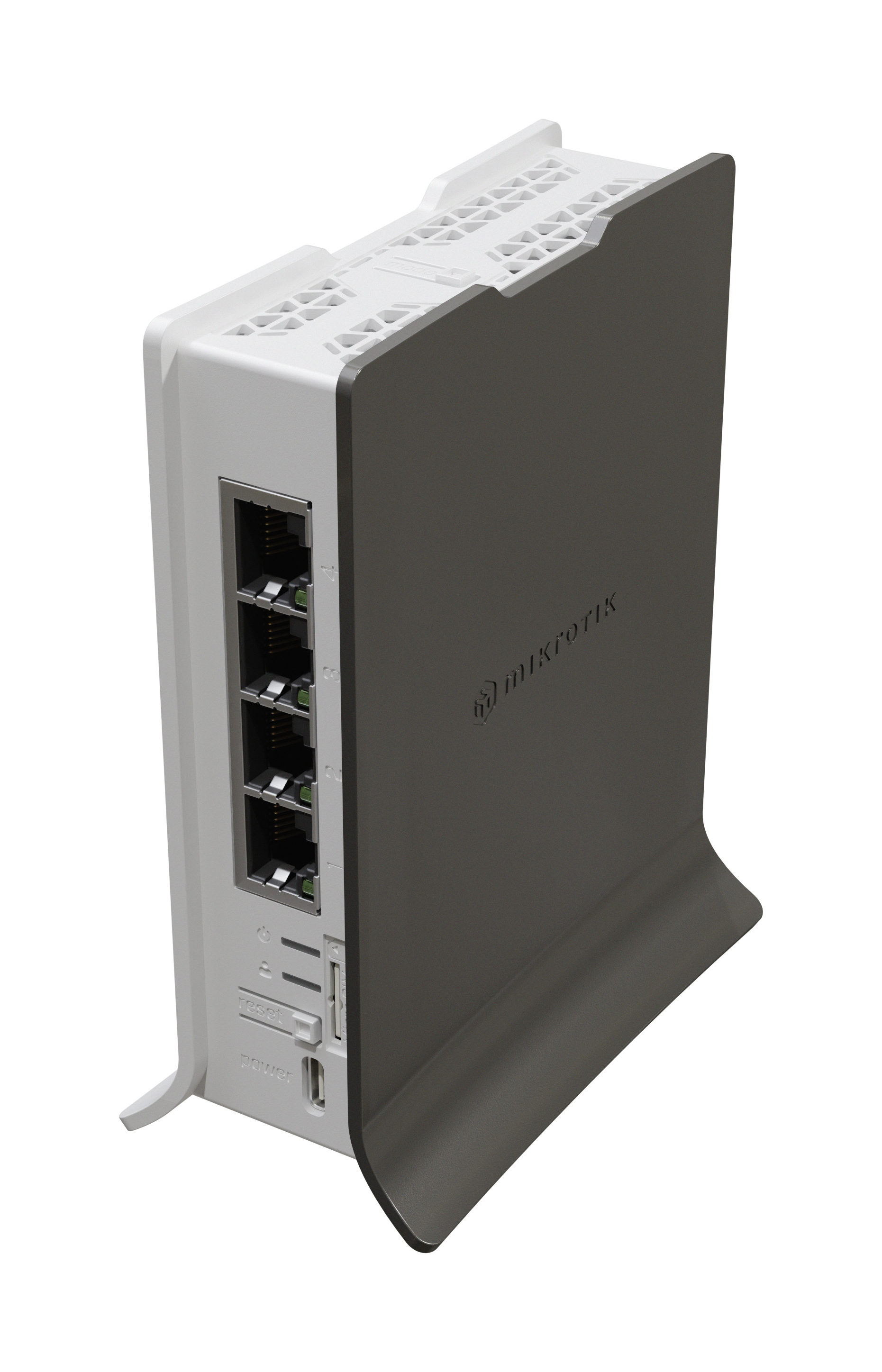 Un router bianco e grigio con diverse porte, il marchio 'MikroTik' è visibile.