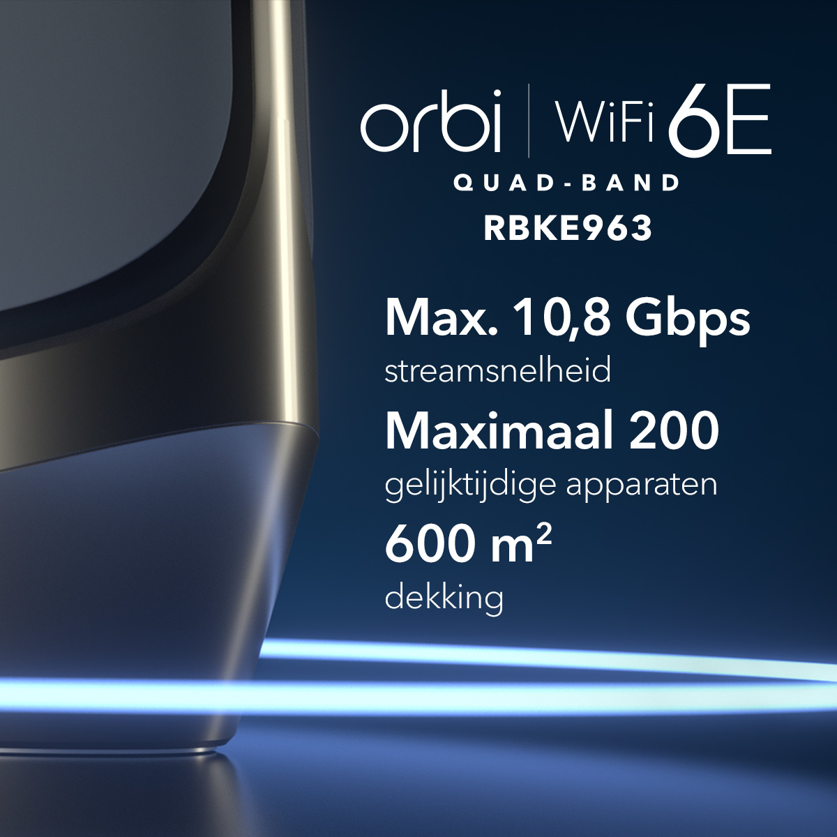 Blau-silberner WiFi 6E Router mit Text, dunkler Hintergrund, moderne Technologie.